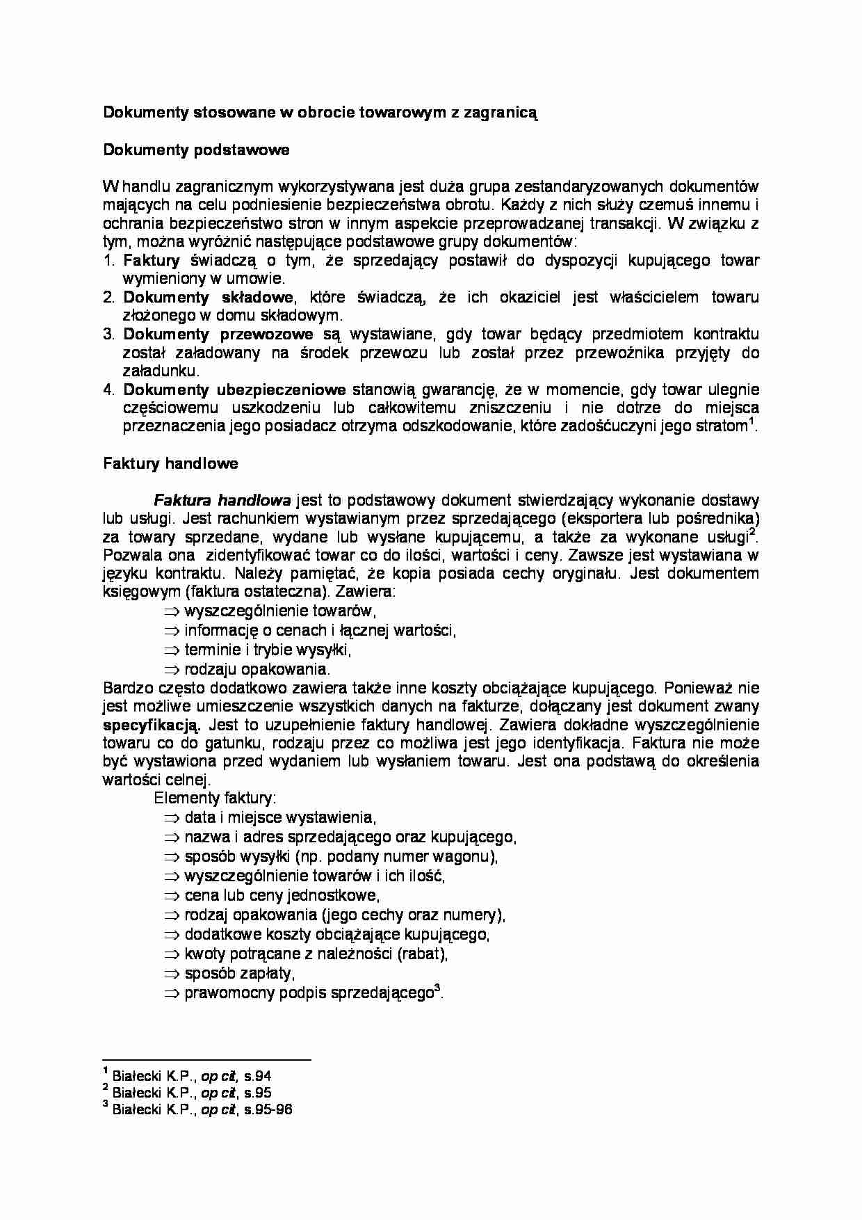 Dokumenty stosowane w obrocie towarowym z zagranicą- opracowanie - strona 1