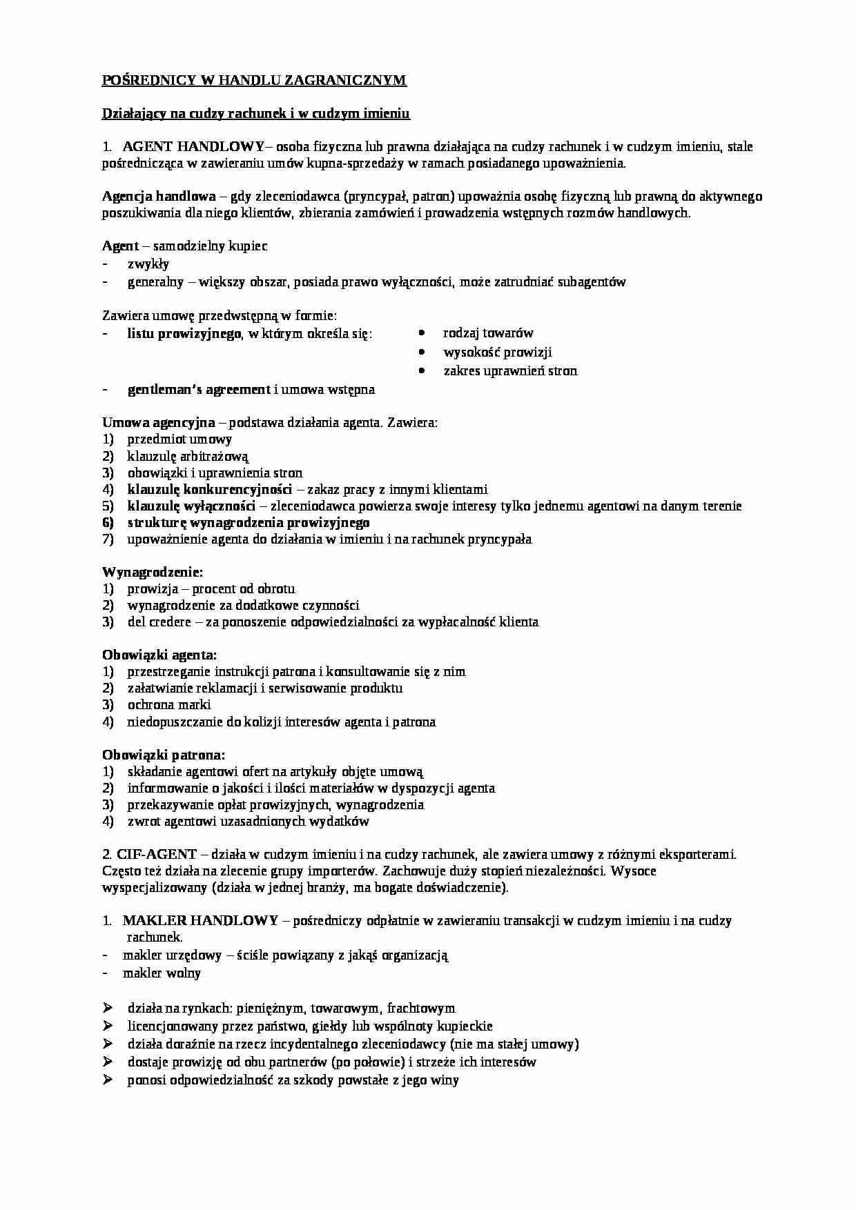 Pośrednicy w handlu zagranicznym- opracowanie - strona 1