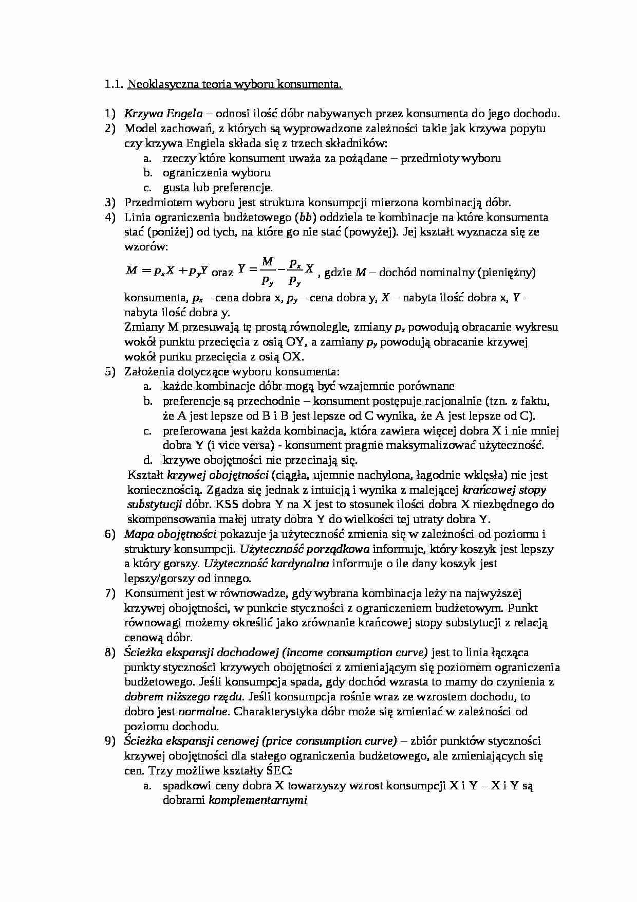 Neoklasyczna teoria wyboru konsumenta- opracowanie - strona 1