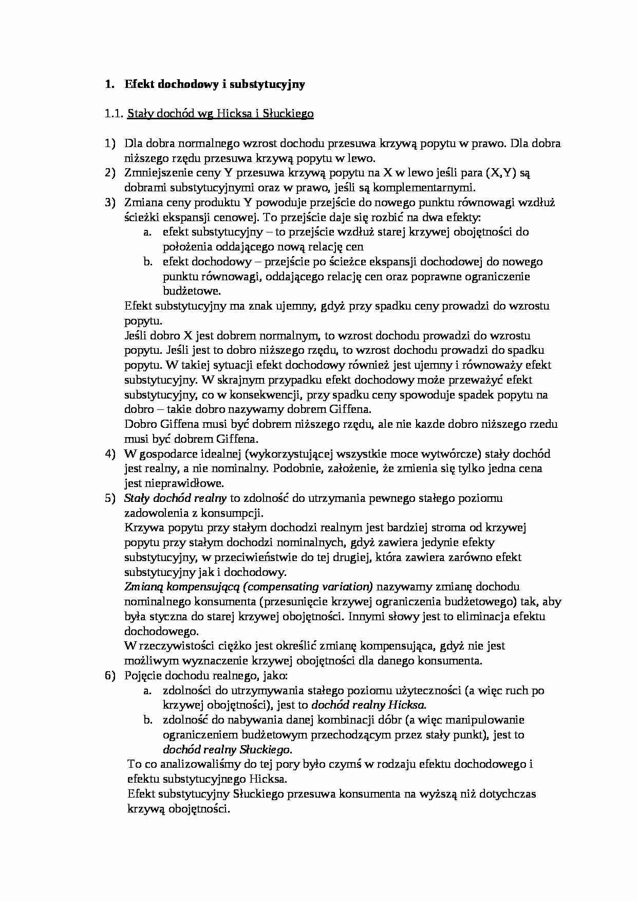 Efekt dochodowy i substytucyjny- opracowanie - strona 1