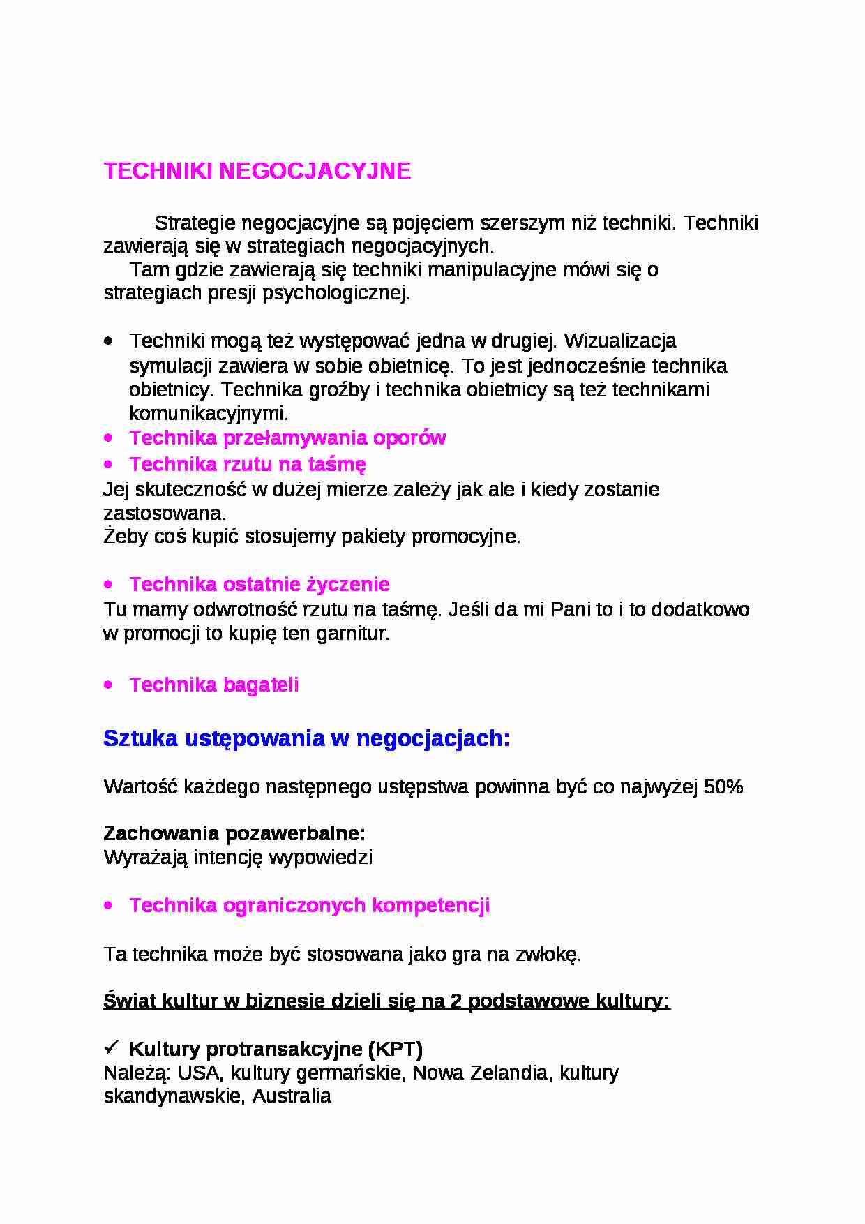 Techniki negocjacyjne- opracowanie - strona 1
