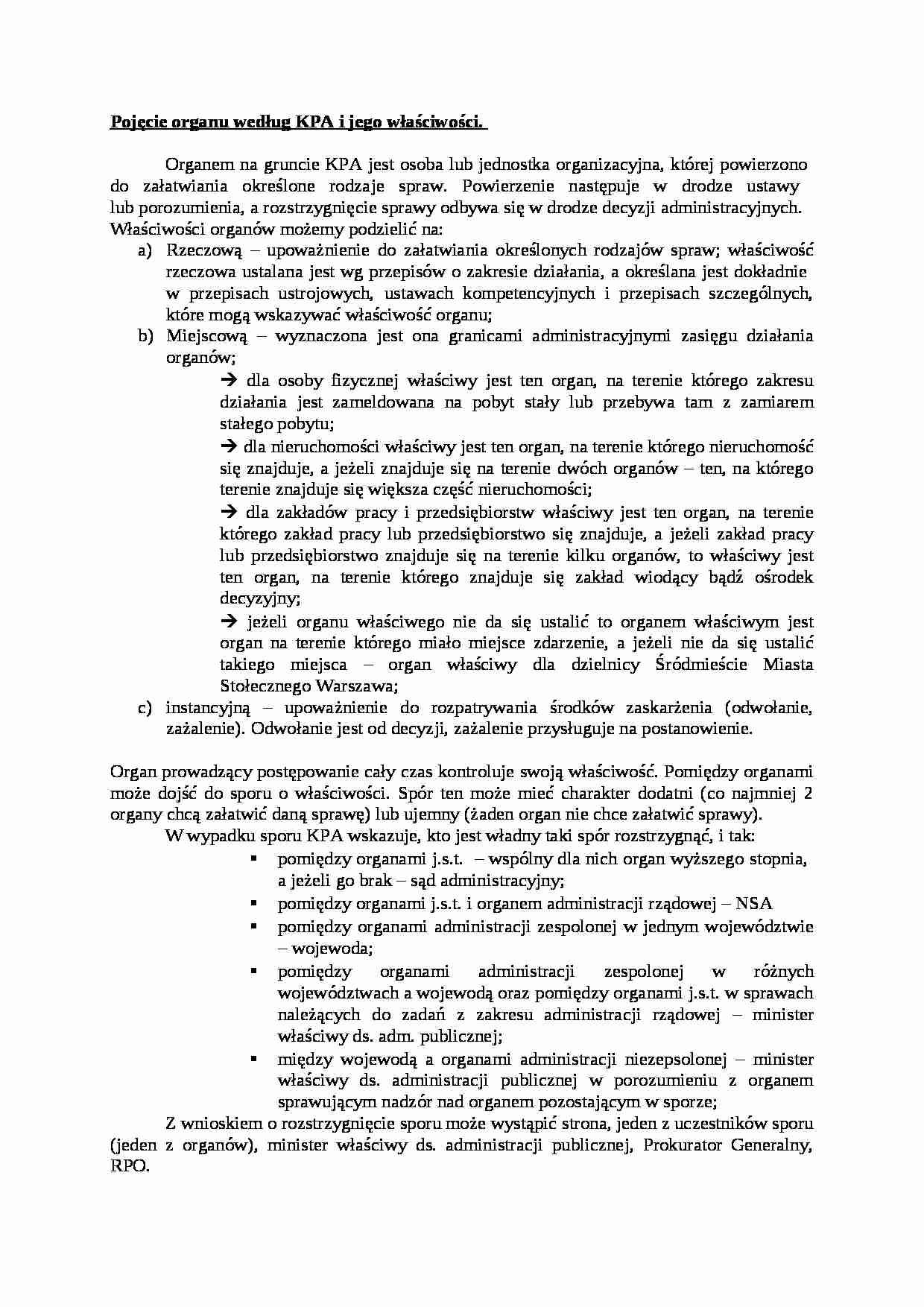 Pojęcie organu według KPA i jego włašciwości- opracowanie - strona 1