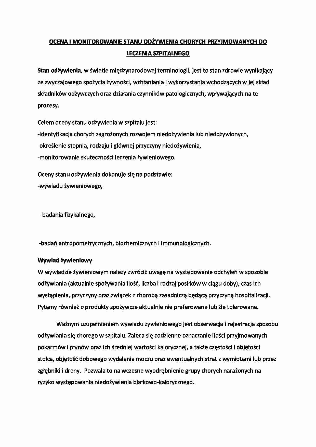 OCENA I MONITOROWANIE STANU ODŻYWIENIA CHORYCH PRZYJMOWANYCH DO LECZENIA SZPITALNEGO - strona 1