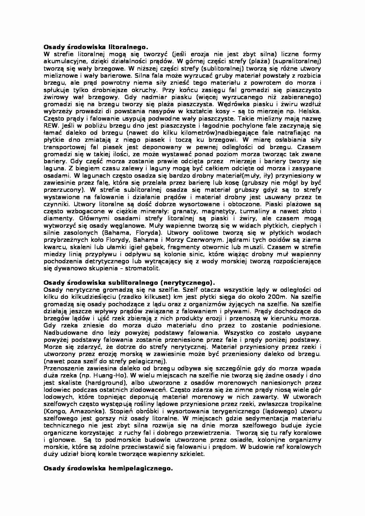 Wykład z geologii o osadach środowiska litoralnego, sublitoralnego, hemipelagicznego oraz pelagicznego - strona 1