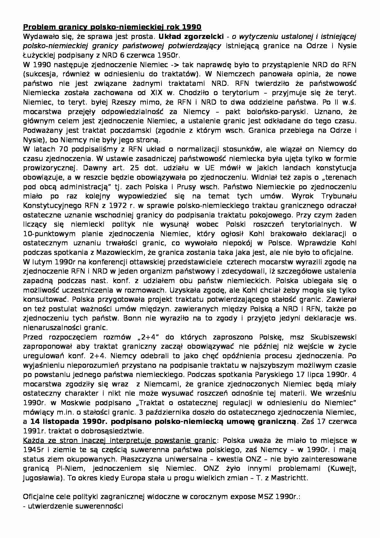 Problem granicy polsko- niemieckiej rok 1990- skrypt 2 - strona 1