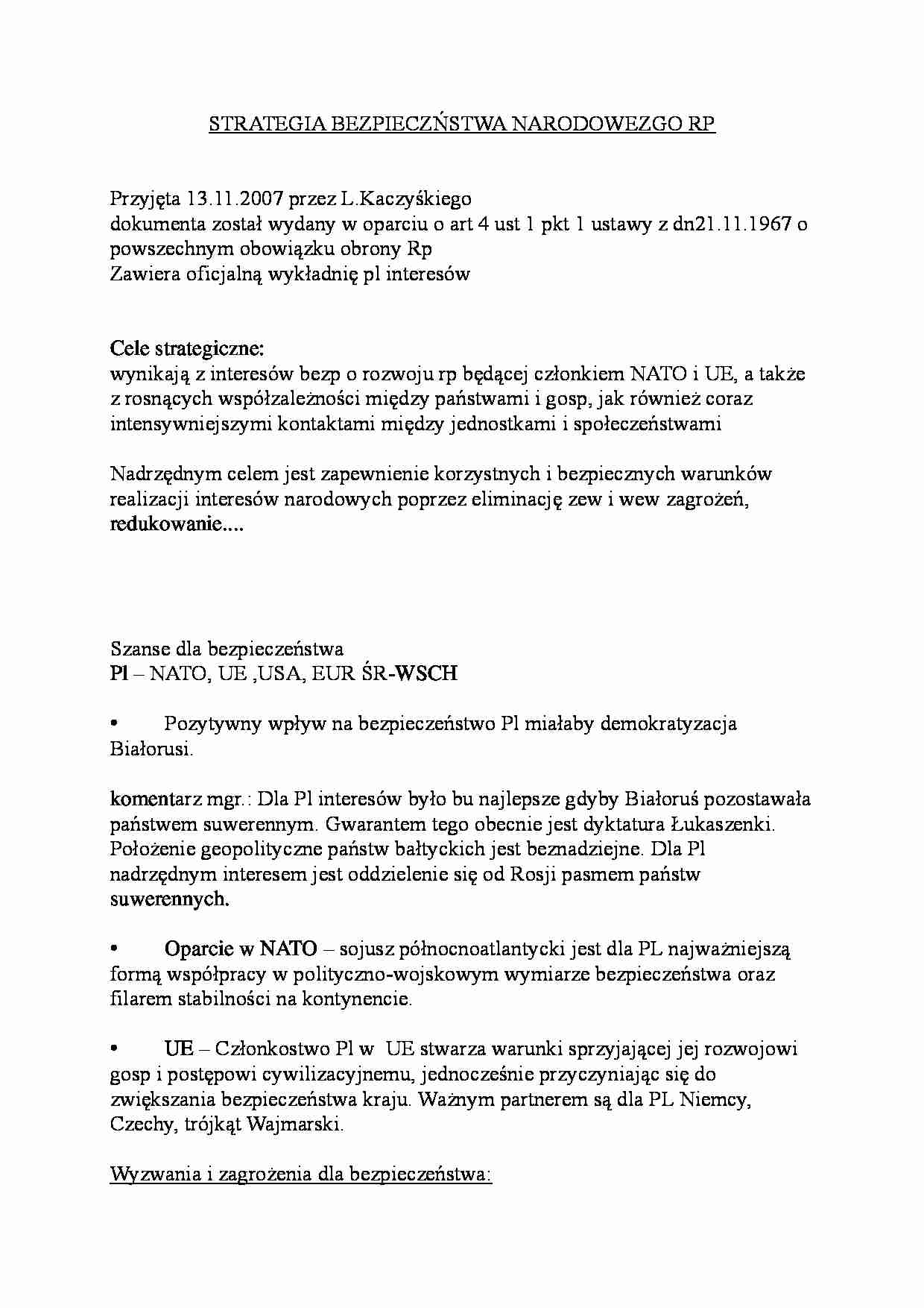 Strategia bezpieczeństwa narodowego RP- opracowanie - strona 1