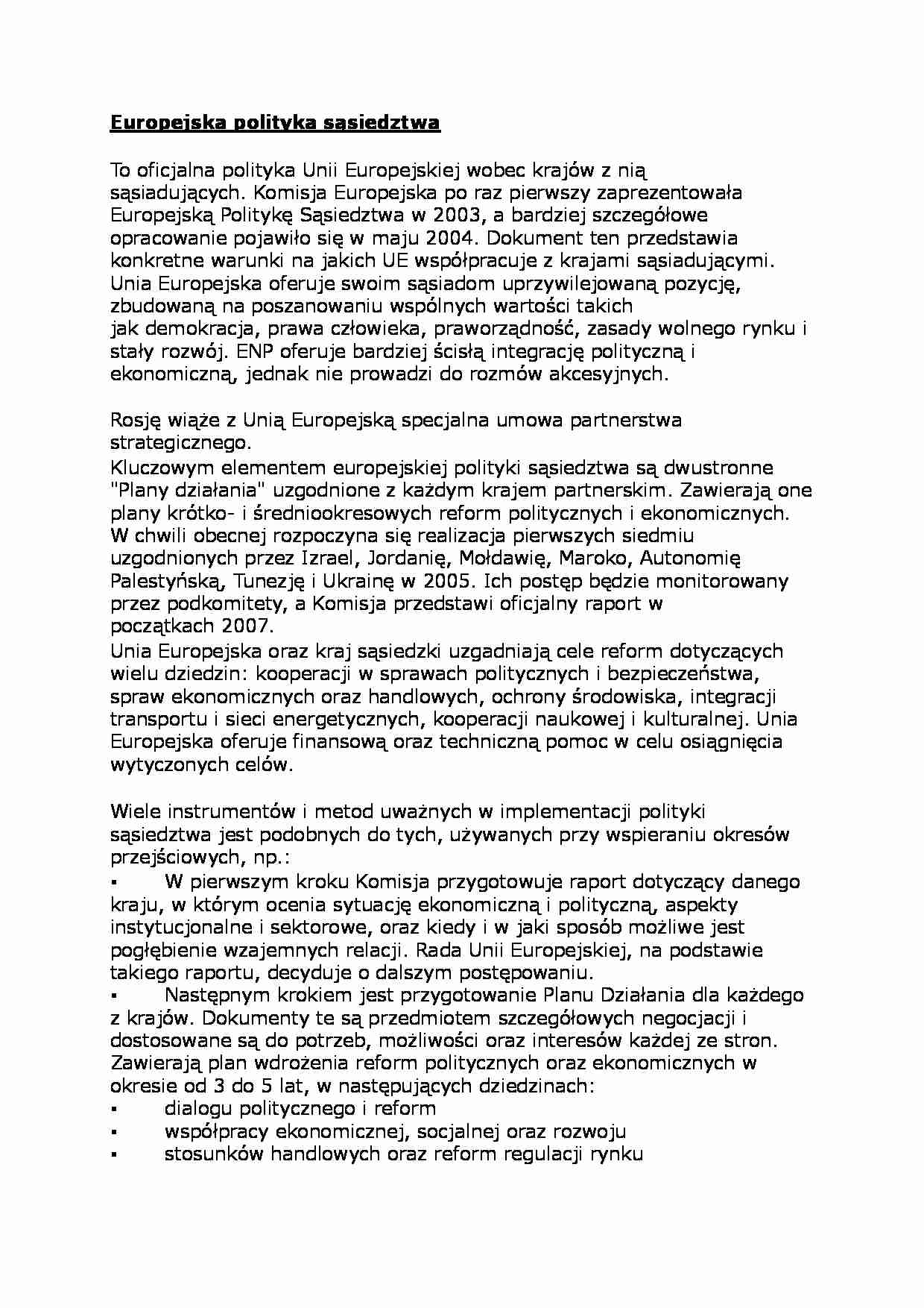 Europejska polityka sąsiedztwa- opracowanie zagadnienia - strona 1