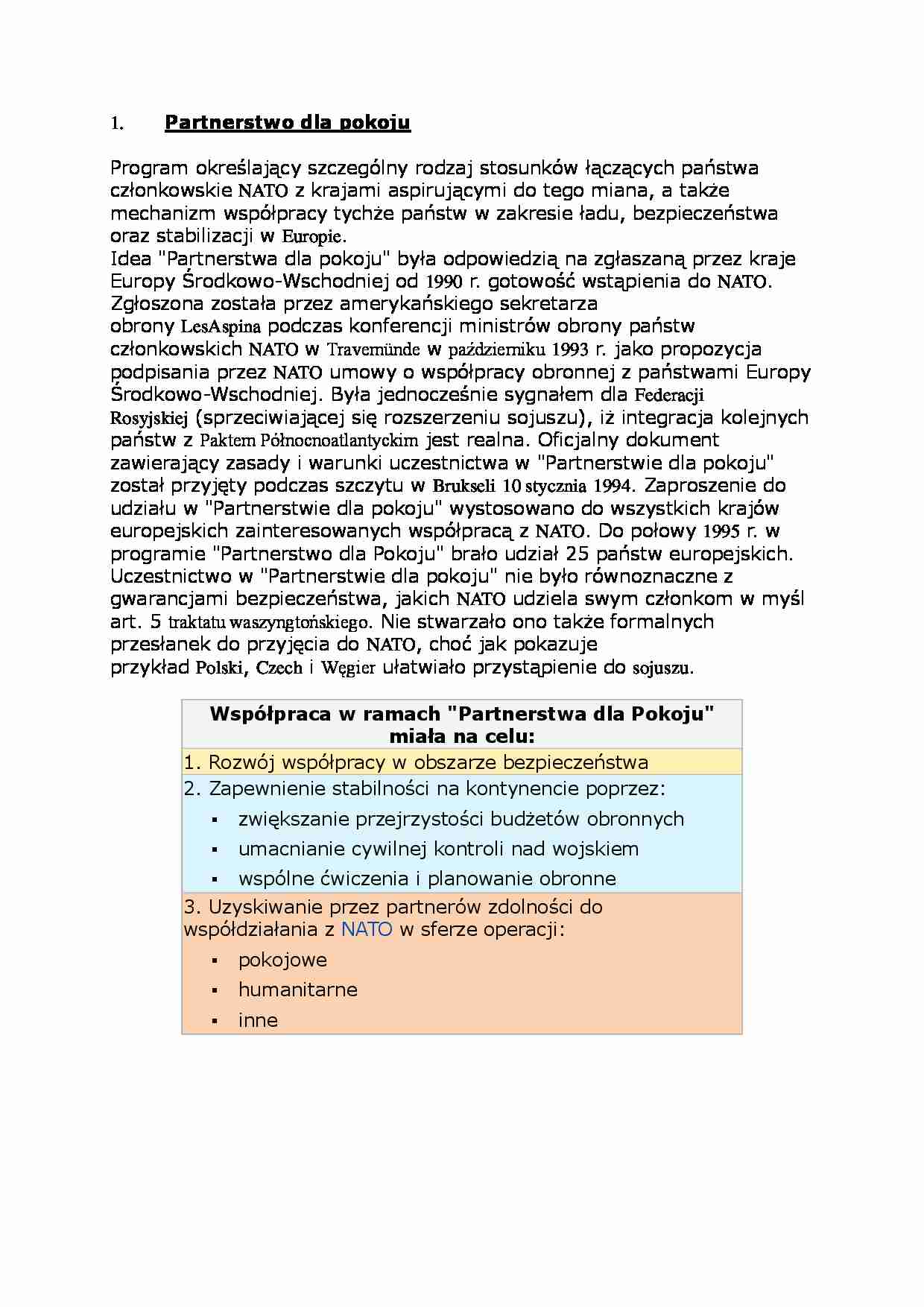 Partnerstwo dla pokoju- opracowanie - strona 1