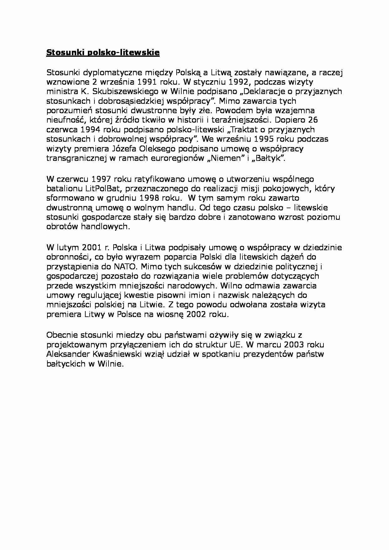 Stosunki polsko-litewskie- opracowanie - strona 1