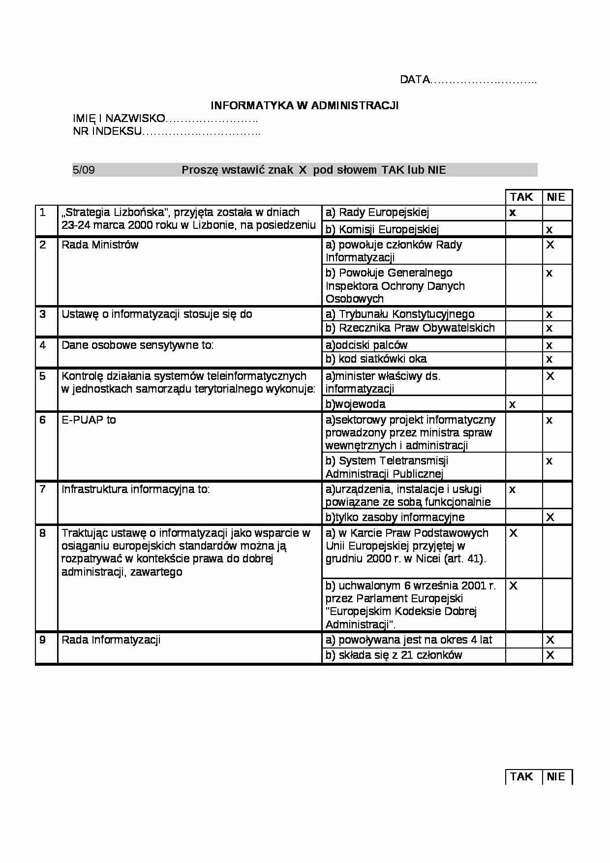 Informatyka w administracji- test 1 - strona 1
