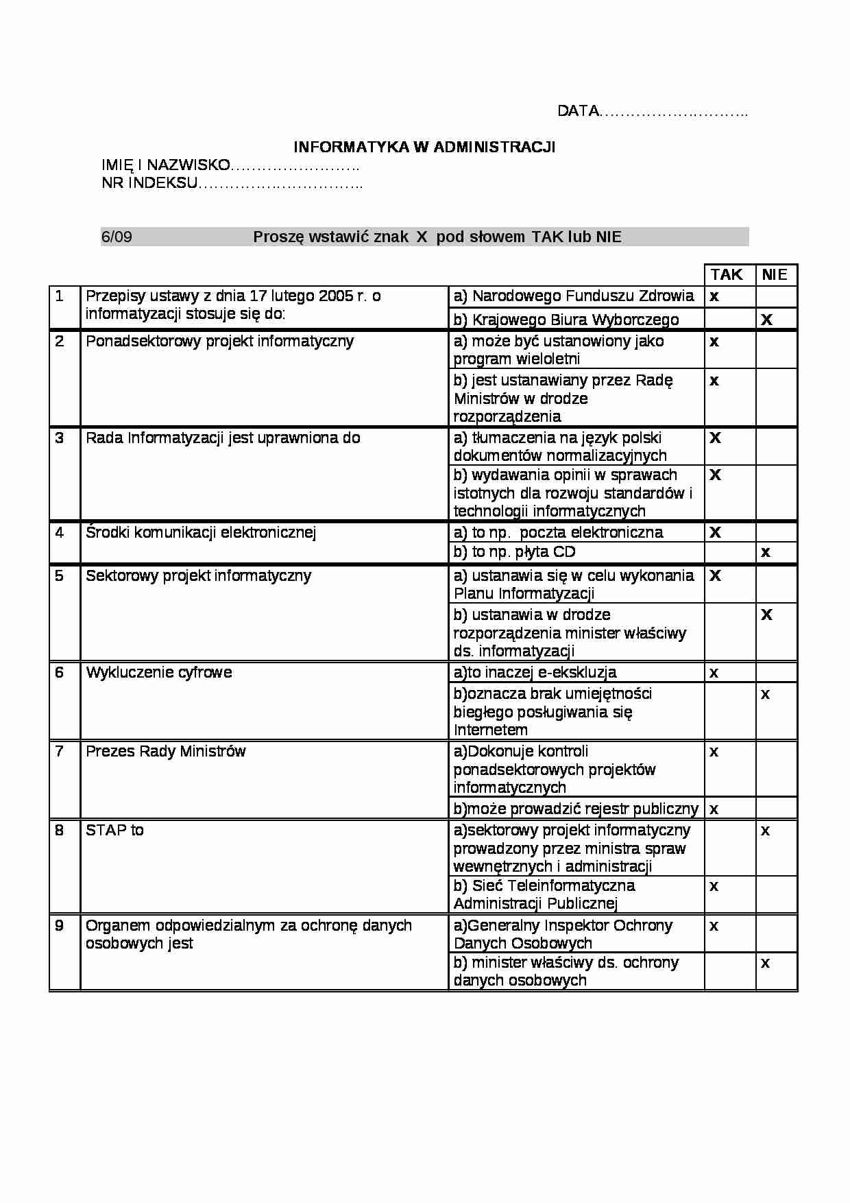 Informatyka w administracji- test - strona 1