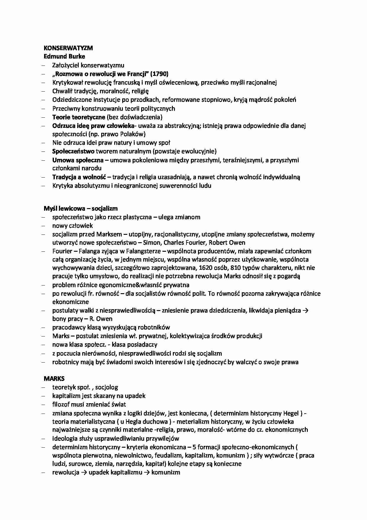 Konserwatyzm, socjalizm, Marks- opracowanie - strona 1