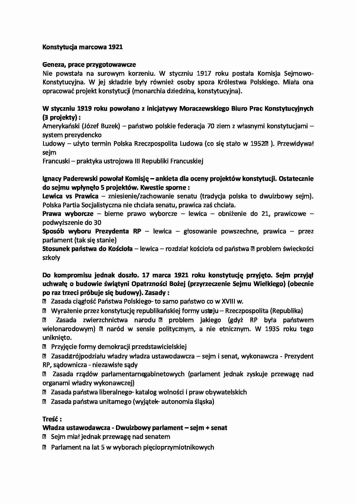 Konstytucja marcowa 1921- opracowanie - strona 1
