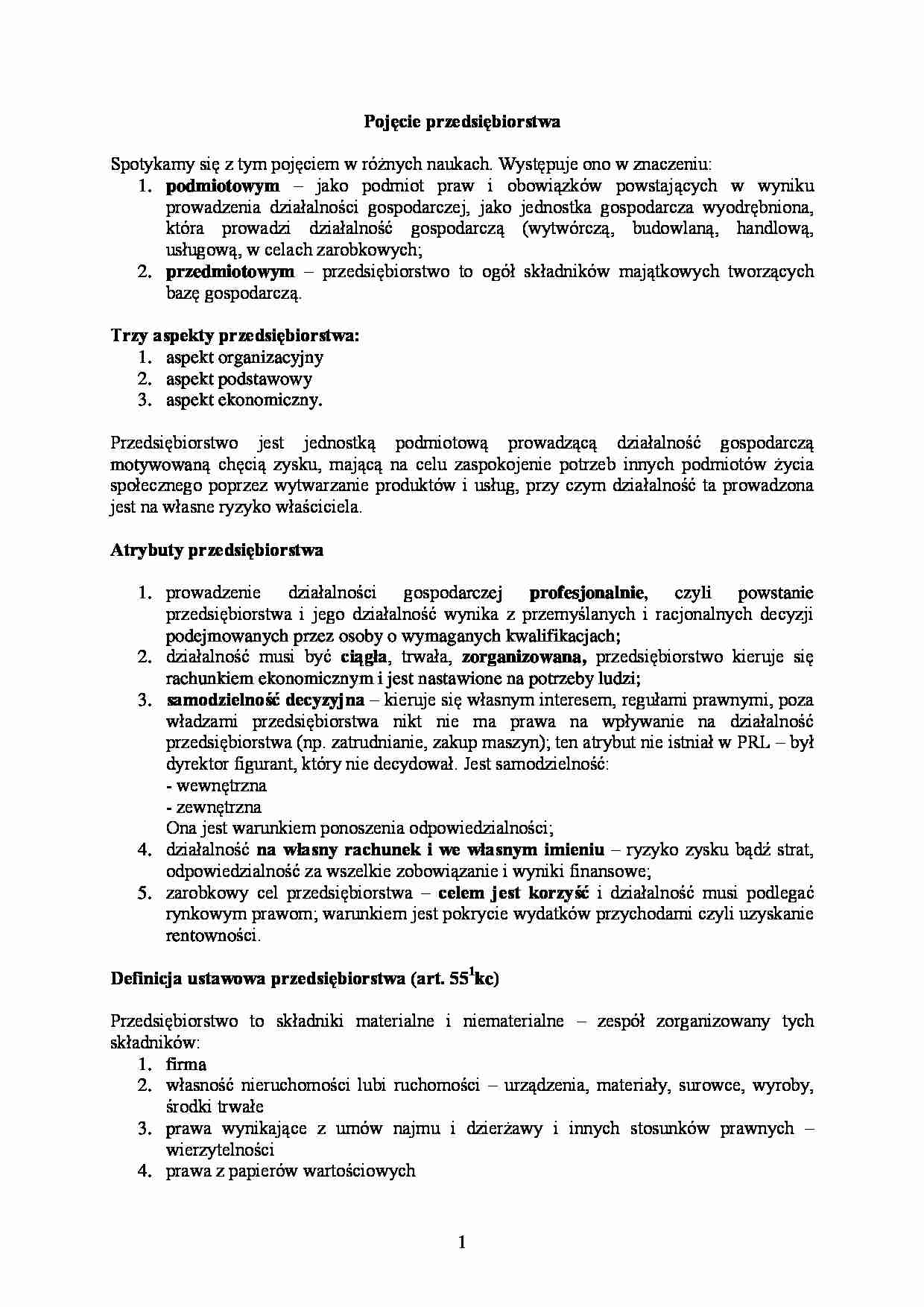 Pojecie przedsiebiorstwa- opracowanie - strona 1