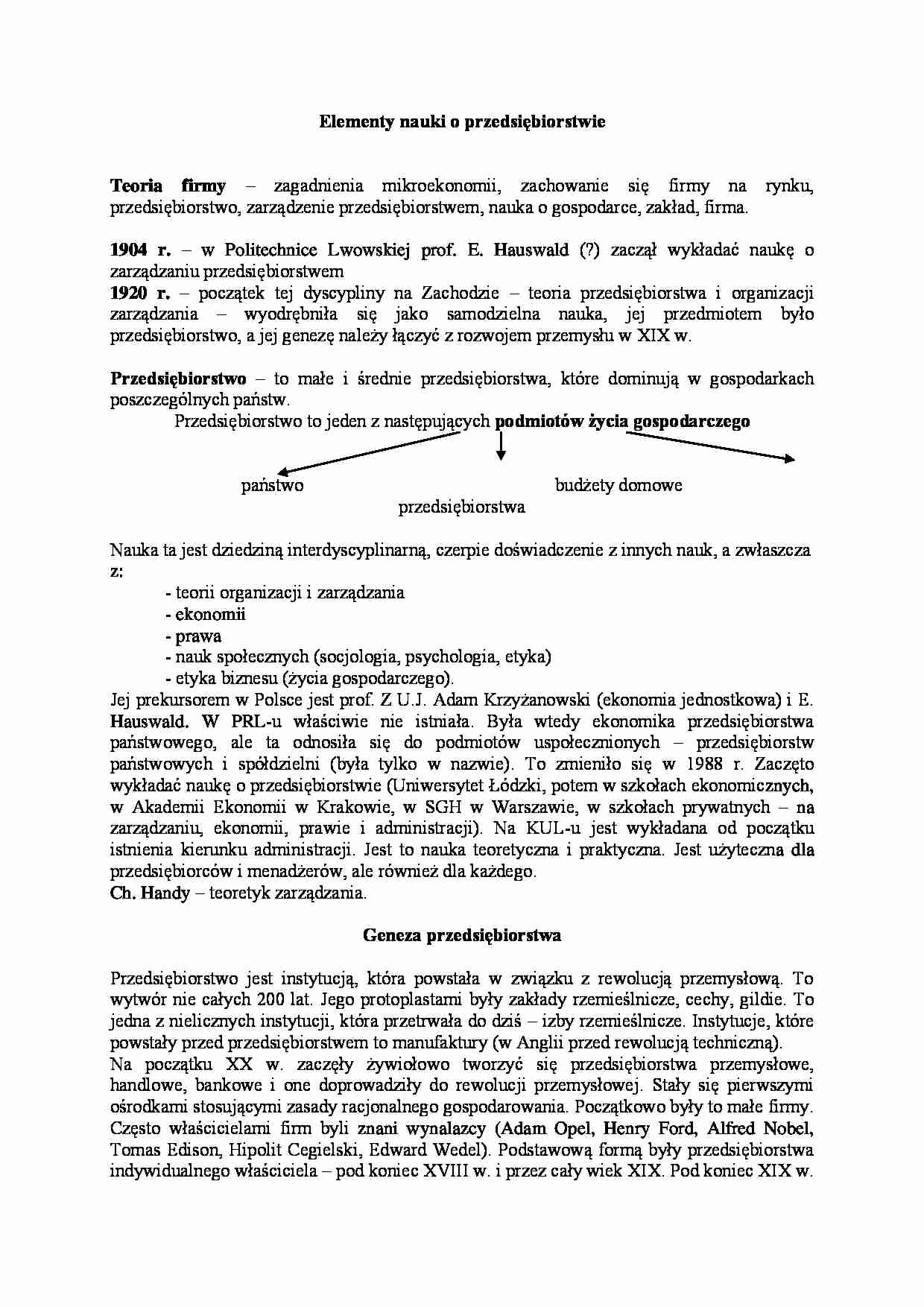 Elementy nauki o przedsiębiorstwie- opracowanie - strona 1