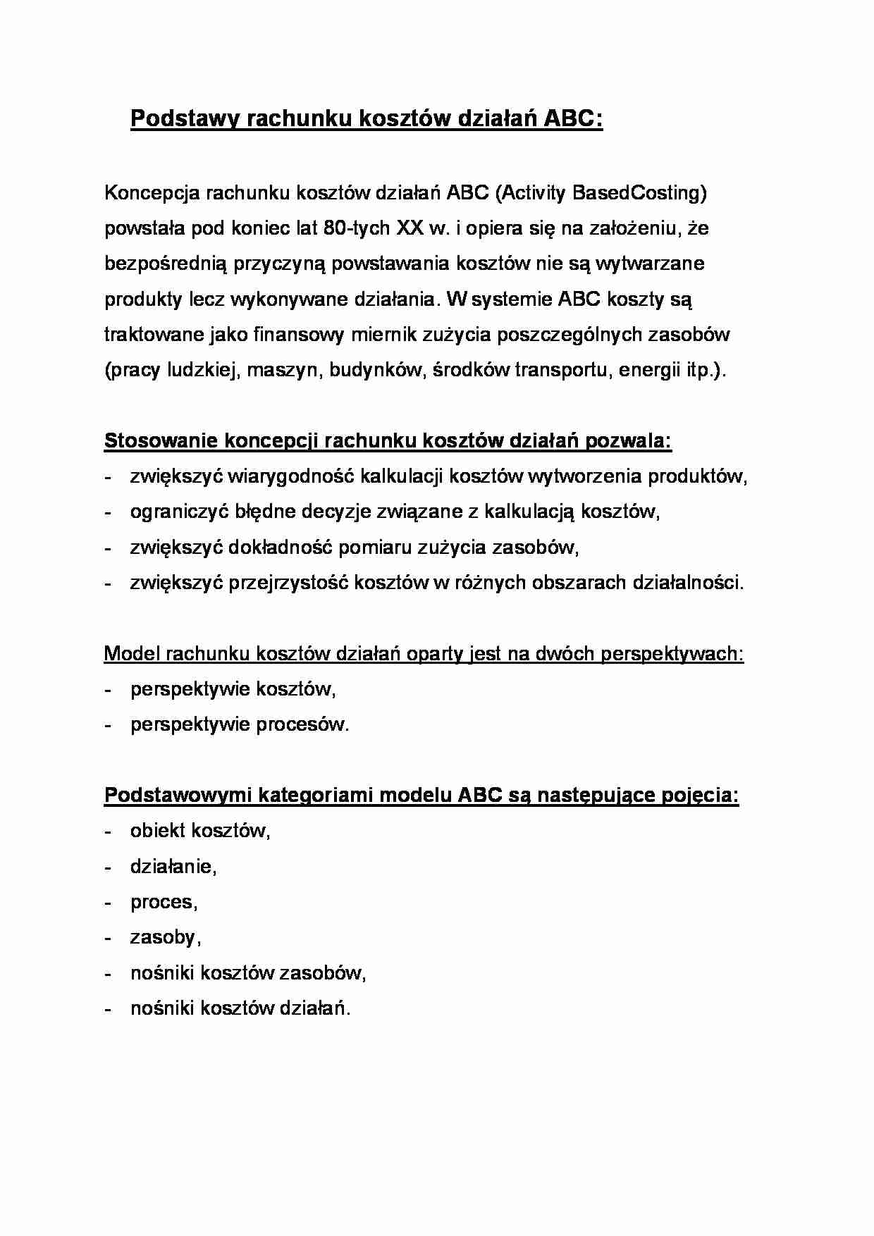 Podstawy rachunku kosztów działań ABC- opracowanie - strona 1