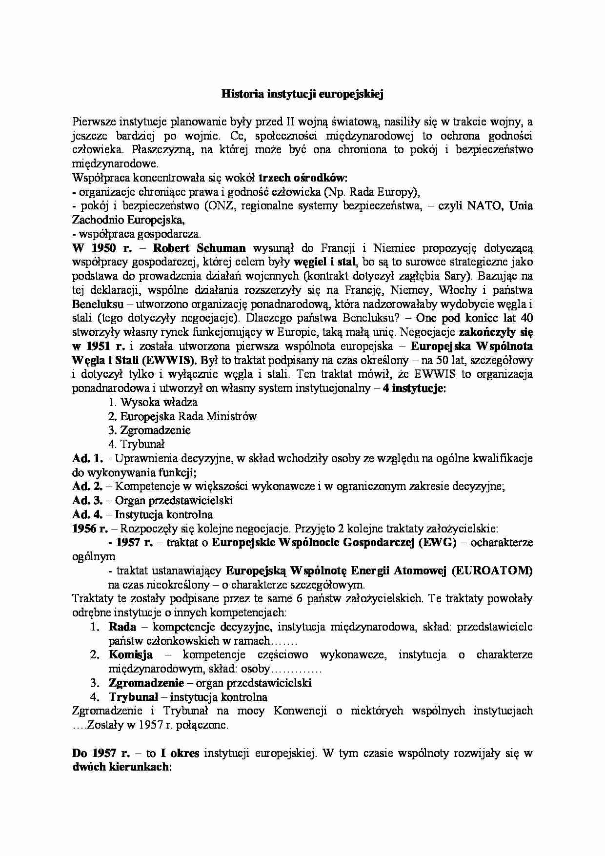 Historia instytucji europejskiej- opracowanie - strona 1