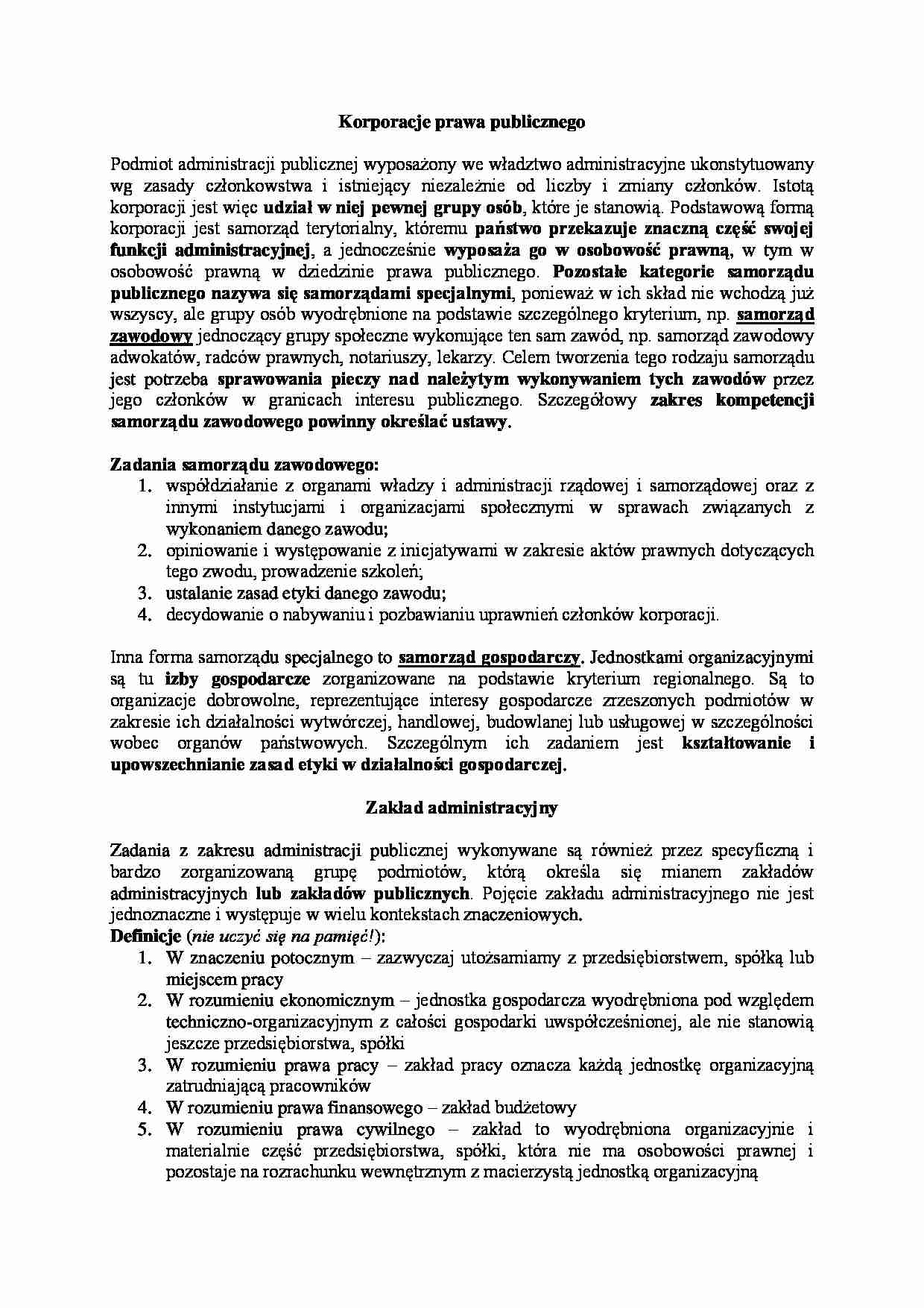 Korporacje prawa publicznego- opracowanie - strona 1
