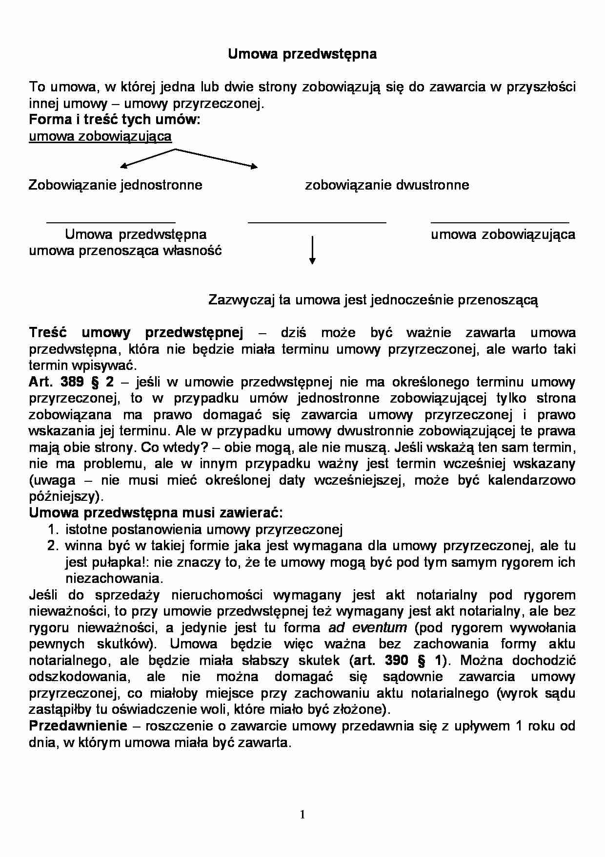 Umowa przedwstępna. Rodzaje umowy- opracowanie - strona 1