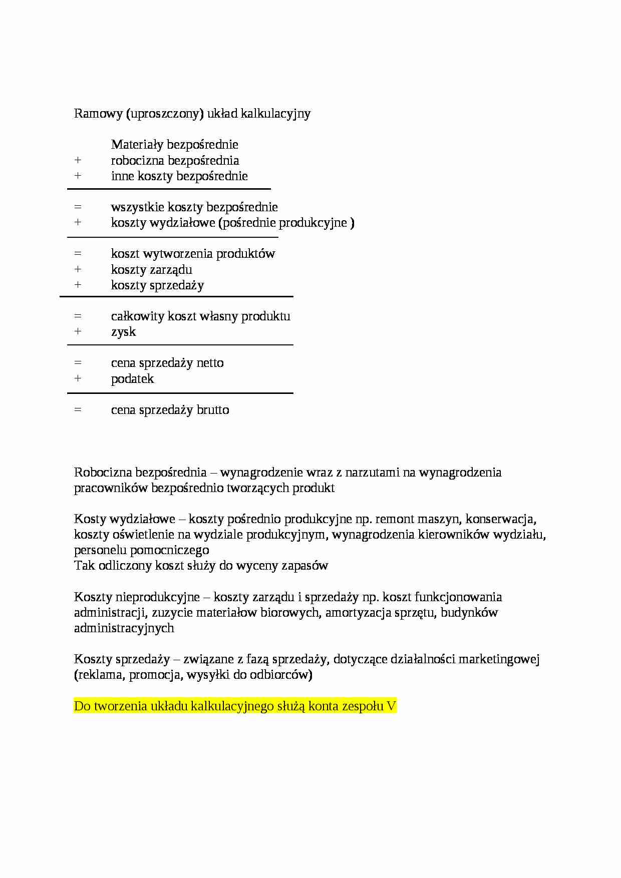 Ramowy układ kalkulacyjny- opracowanie - strona 1