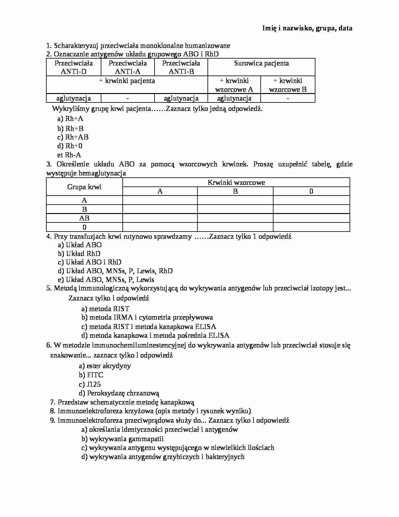 Przykładowe kolokwium - Przeciwciała monoklonalne - strona 1