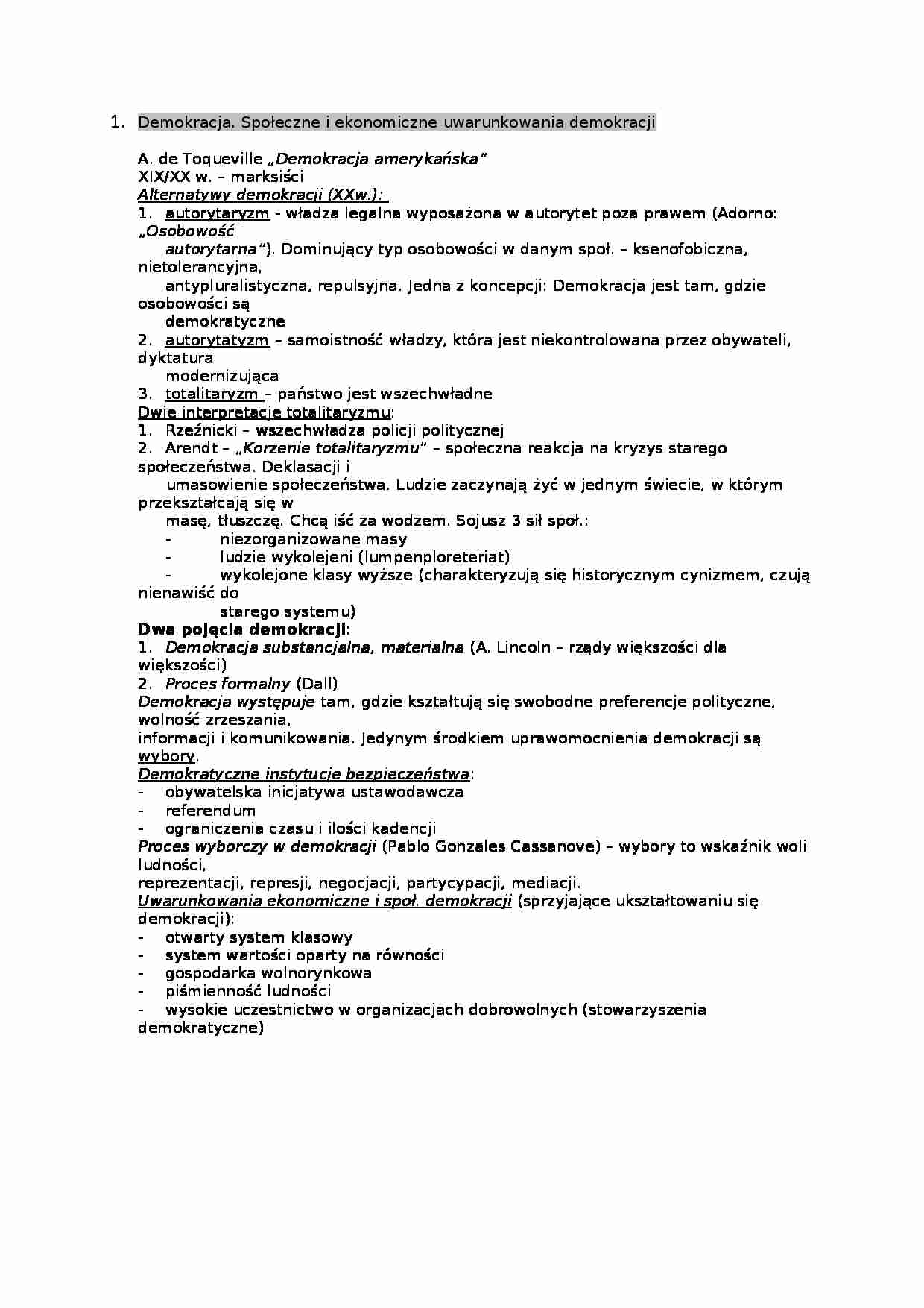 Demokracja - Społeczne i ekonomiczne uwarunkowania demokracji  - strona 1