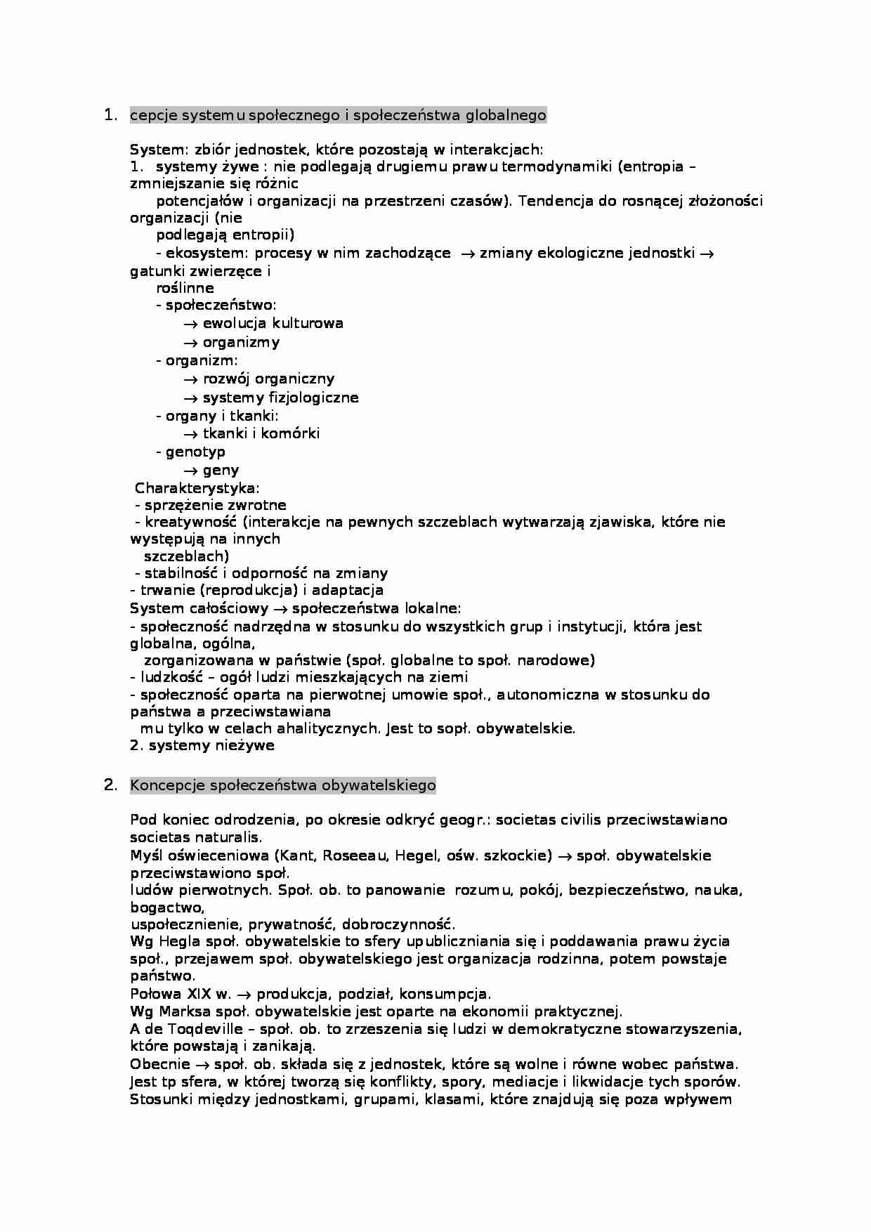 Koncepcje systemu społecznego i społeczeństwa globalnego - strona 1