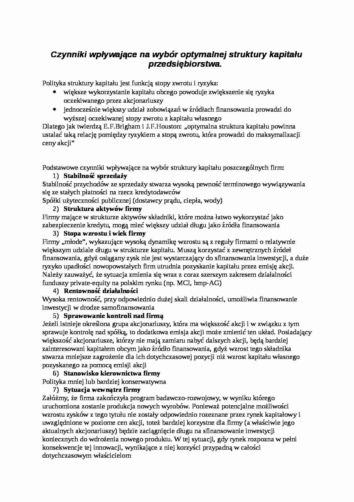 Czynniki wpływające na wybór optymalnej struktury kapitału przedsiębiorstwa - strona 1
