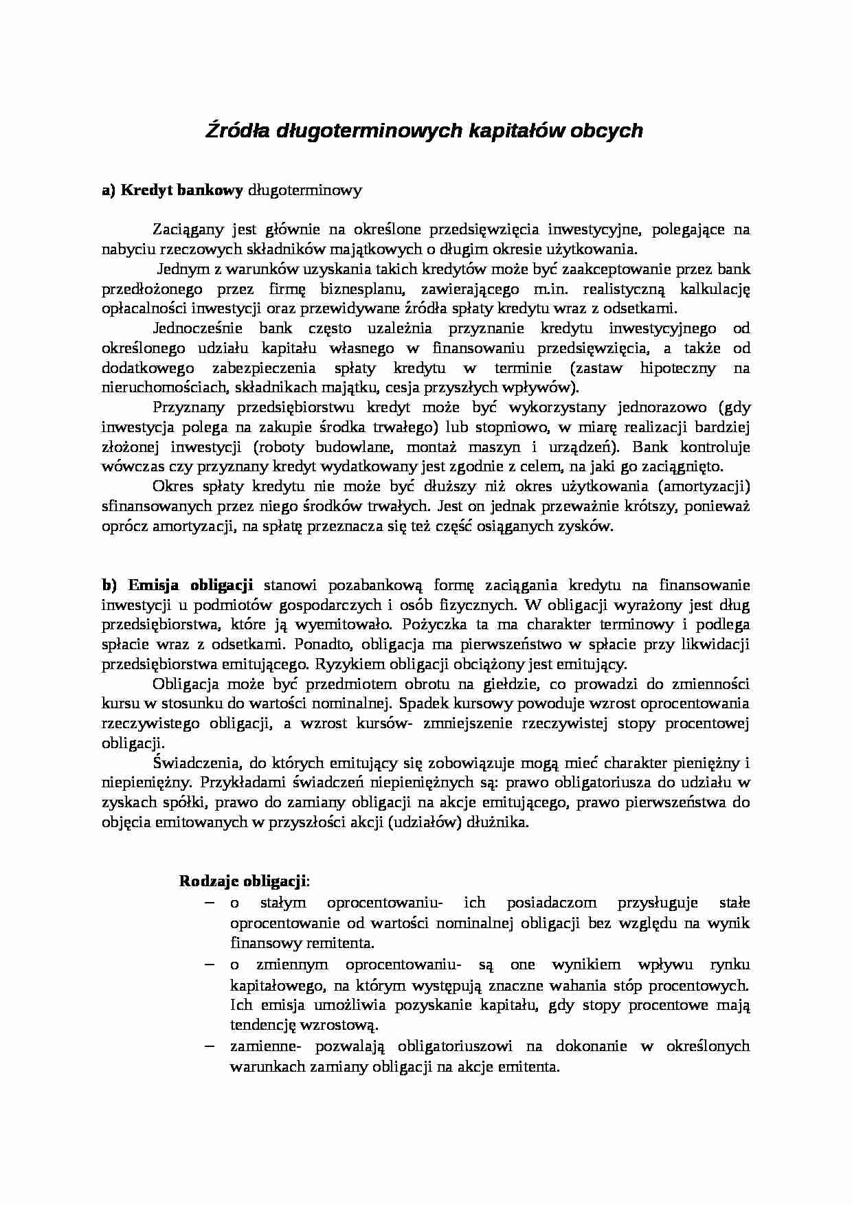 Źródła długoterminowych kapitałów obcych - strona 1