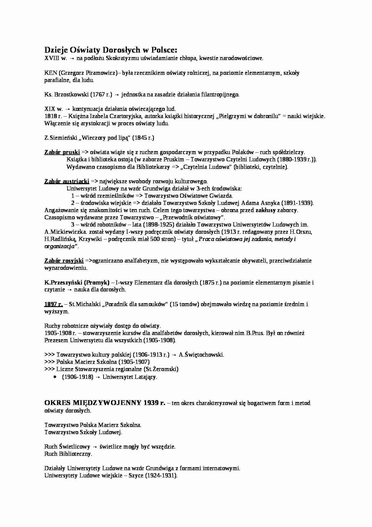 Dzieje oświaty dorosłych w Polsce - wykład - strona 1