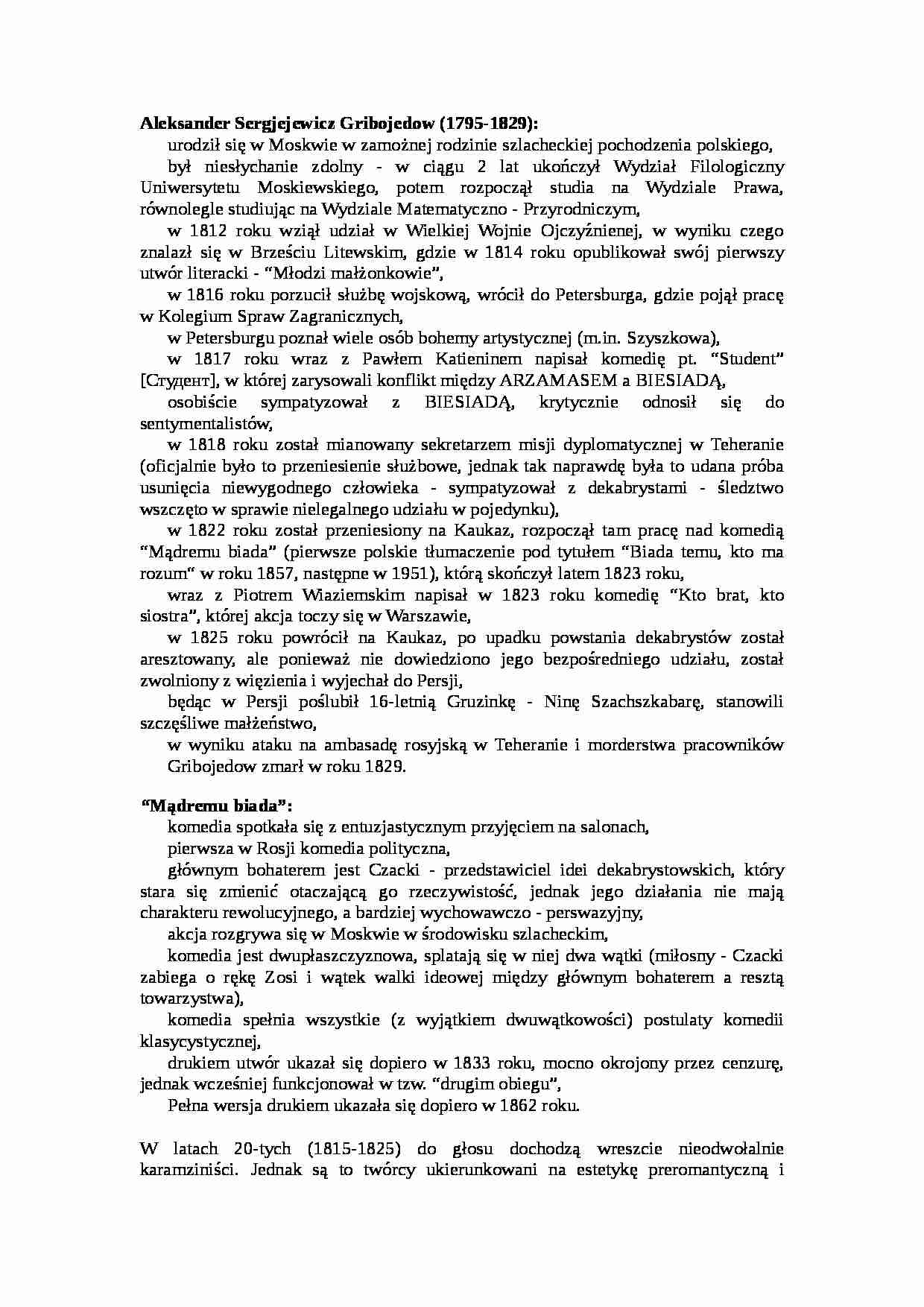 WYKŁAD Twórczość Gribojedowa, początki romantyzmu i A. Puszkin - strona 1