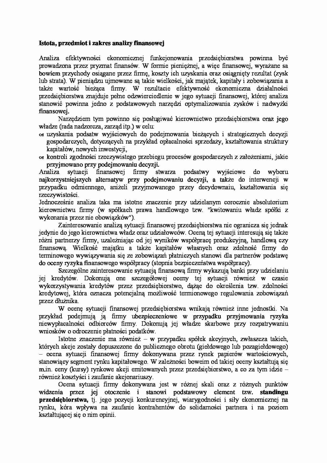 Istota, przedmiot i zakres analizy finansowej - strona 1