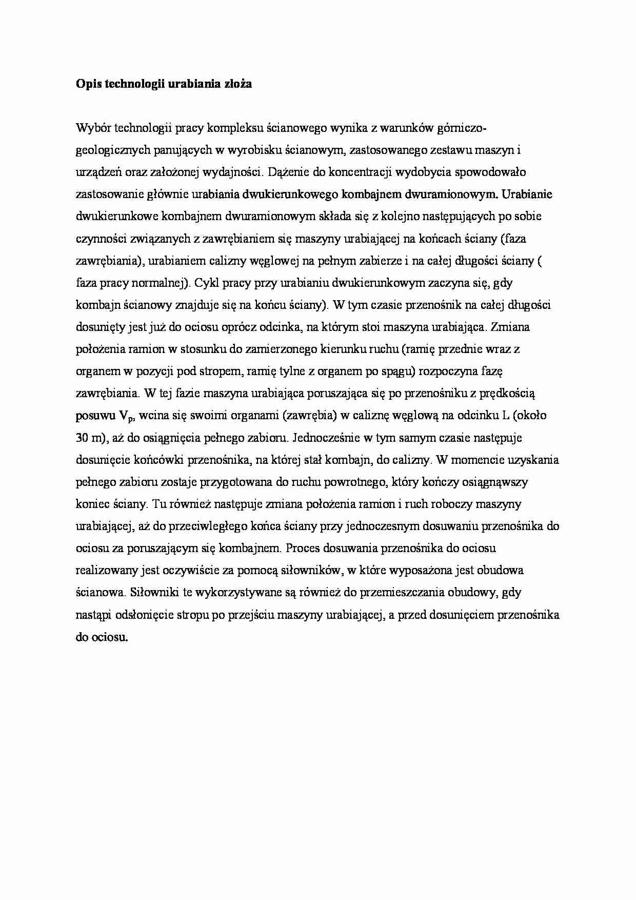 Opis technologii urabiania złoża - strona 1