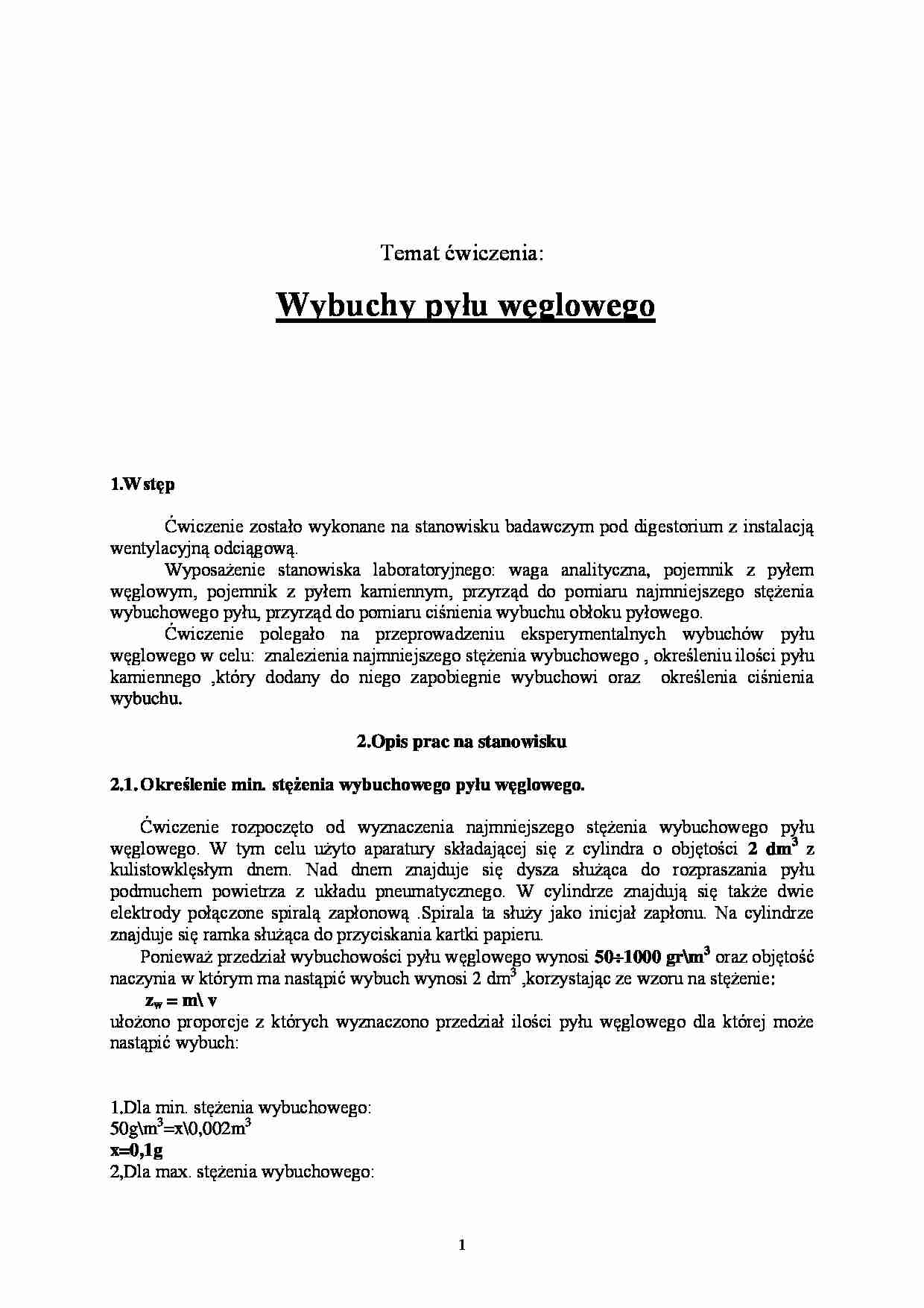 Wybuchy pyłu węglowego- sprawozdanie - strona 1