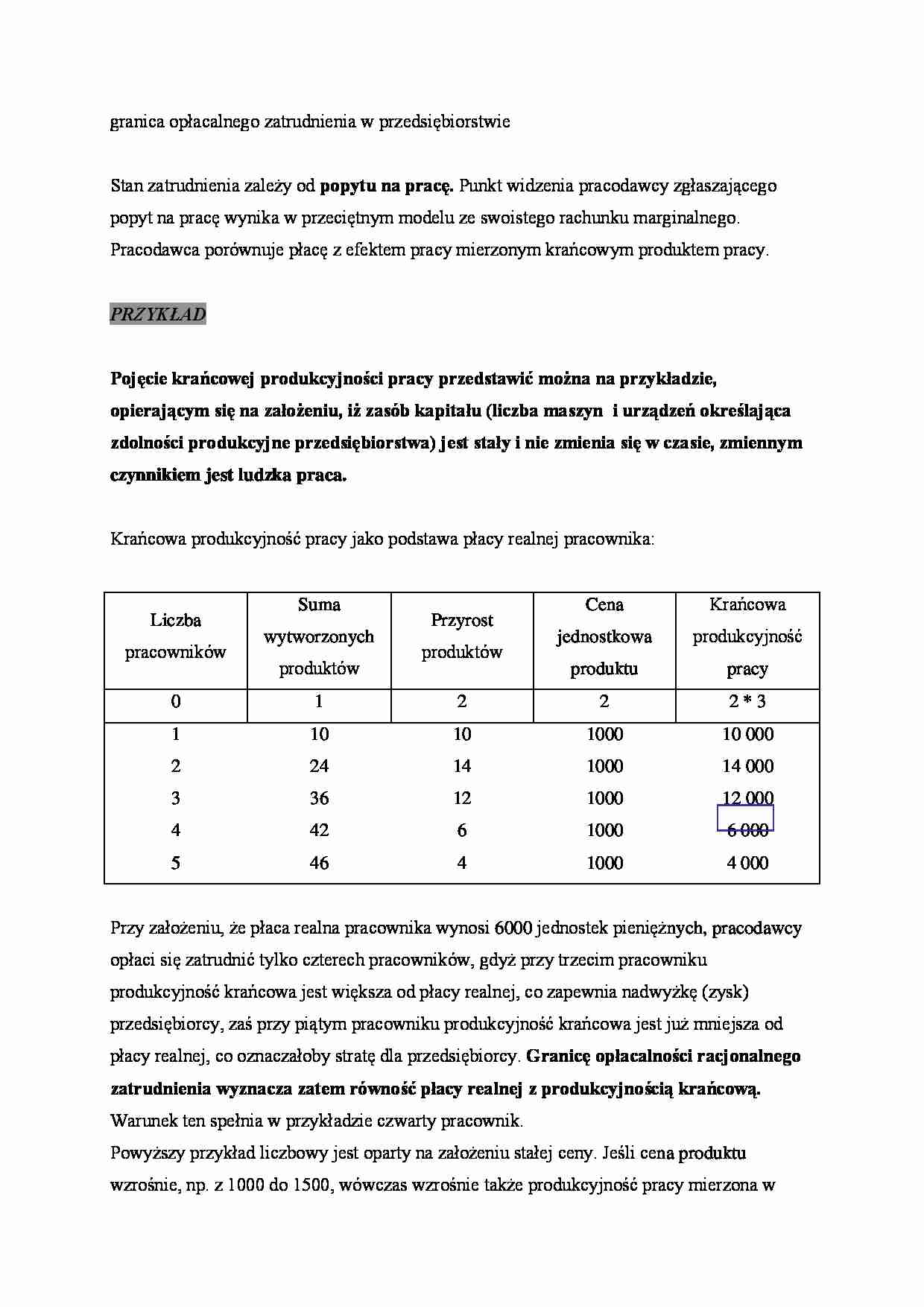 Granica opłacalnego zatrudnienia w przedsiębiorstwie - strona 1