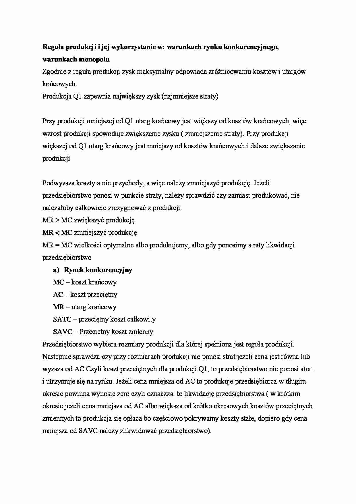 Reguła produkcji i jej wykorzystanie w warunkach rynku konkurencyjnego, warunkach monopolu - strona 1