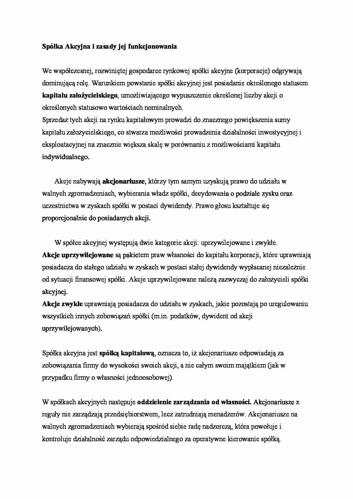 Spółka Akcyjna i zasady jej funkcjonowania - strona 1