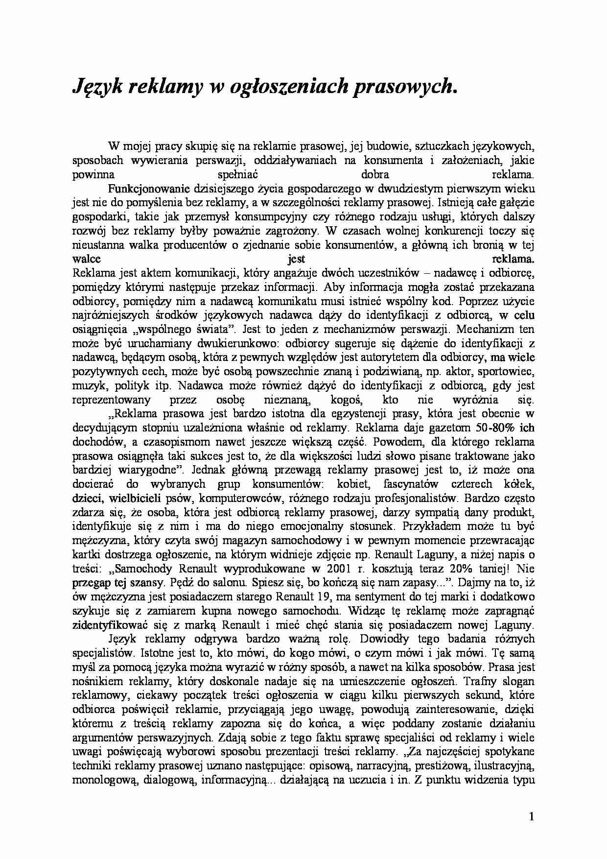 Język reklamy w ogłoszeniach prasowych - strona 1