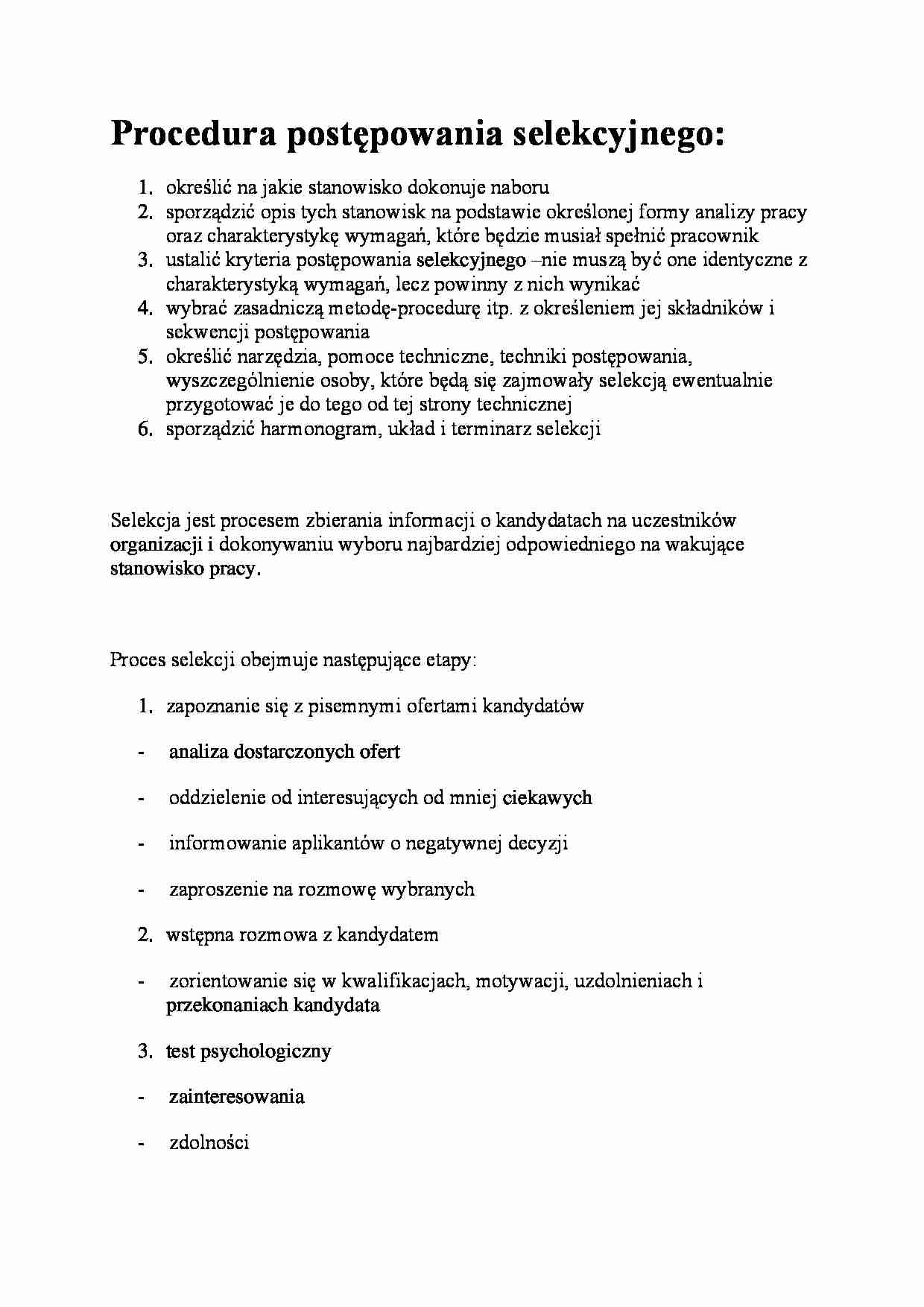 Procedura postępowania selekcyjnego - strona 1