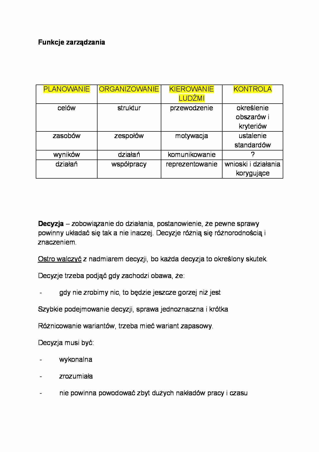 Funkcje zarządzania - Proces decyzyjny - strona 1