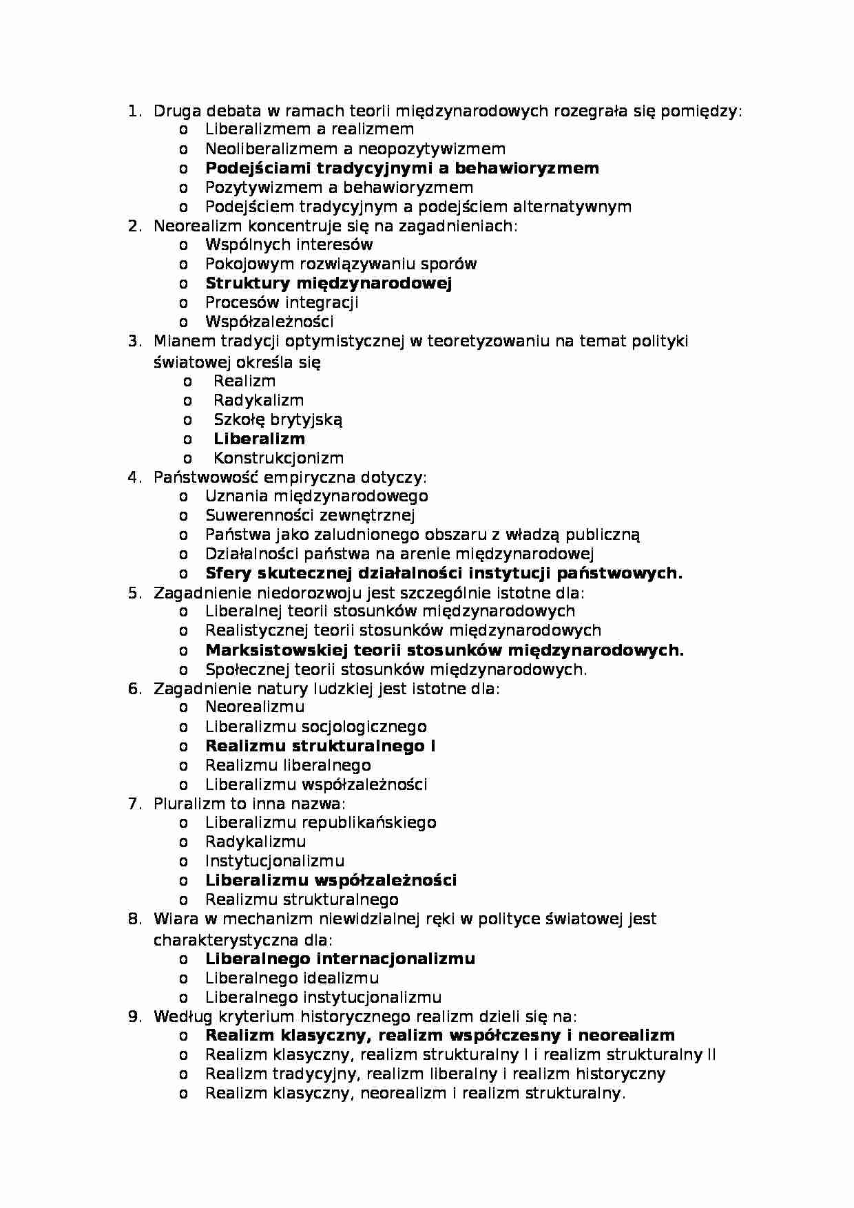 Teoria stosunków międzynarodowych - Test - strona 1