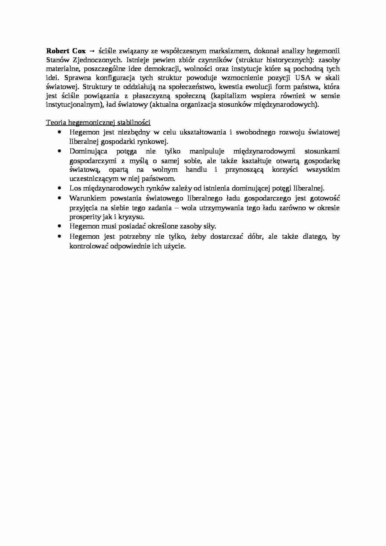 Robert Cox i teoria hegemonicznej stabilności - omówienie - strona 1
