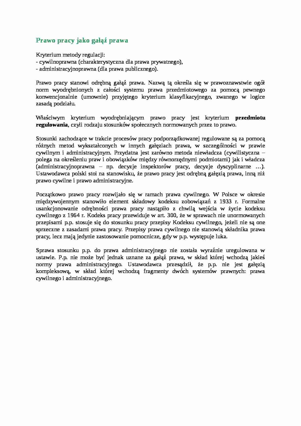 Prawo pracy jako gałąź prawa - omówienie - strona 1