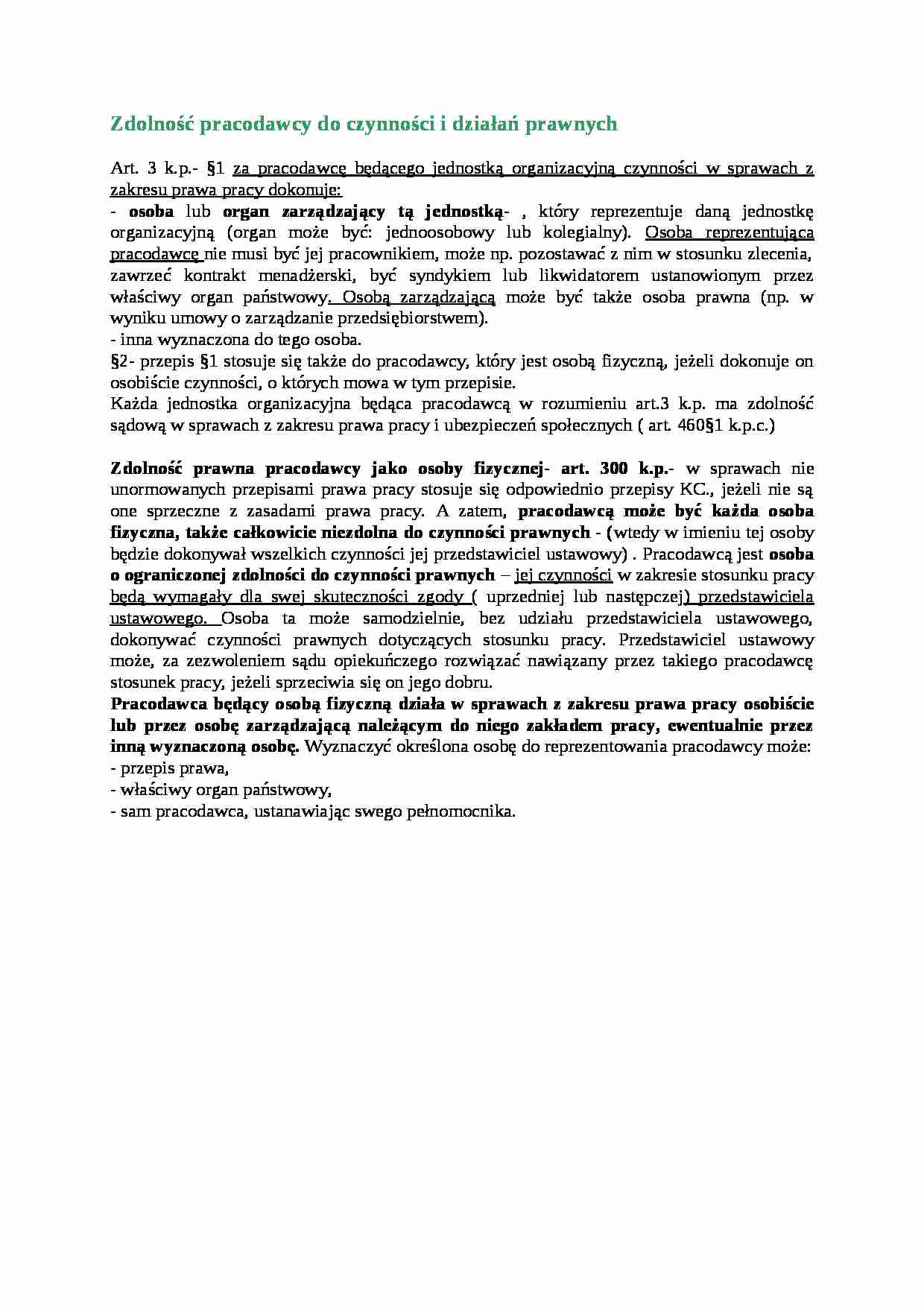 Zdolność pracodawcy do czynności i działań prawnych - omówienie - strona 1