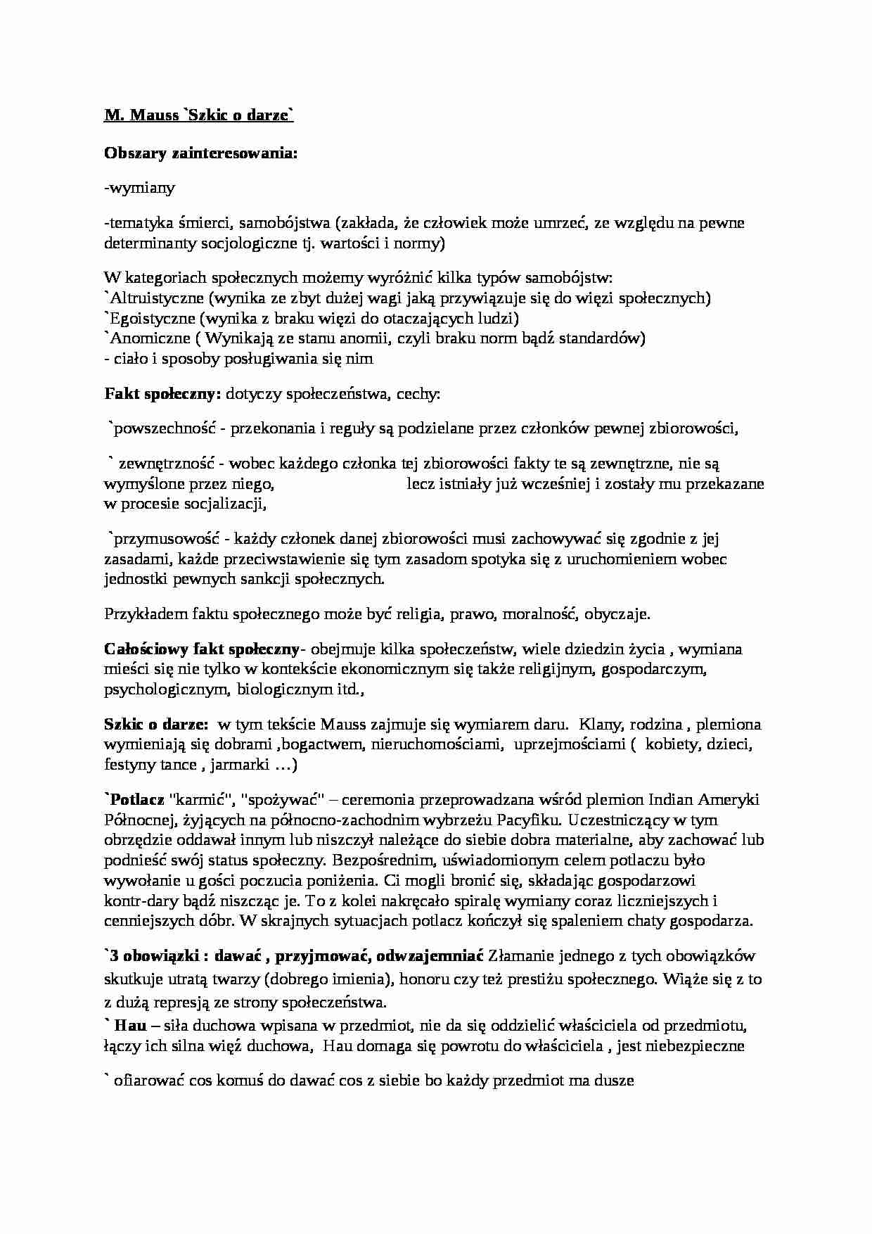 M. Mauss `Szkic o darze` - omówienie - strona 1
