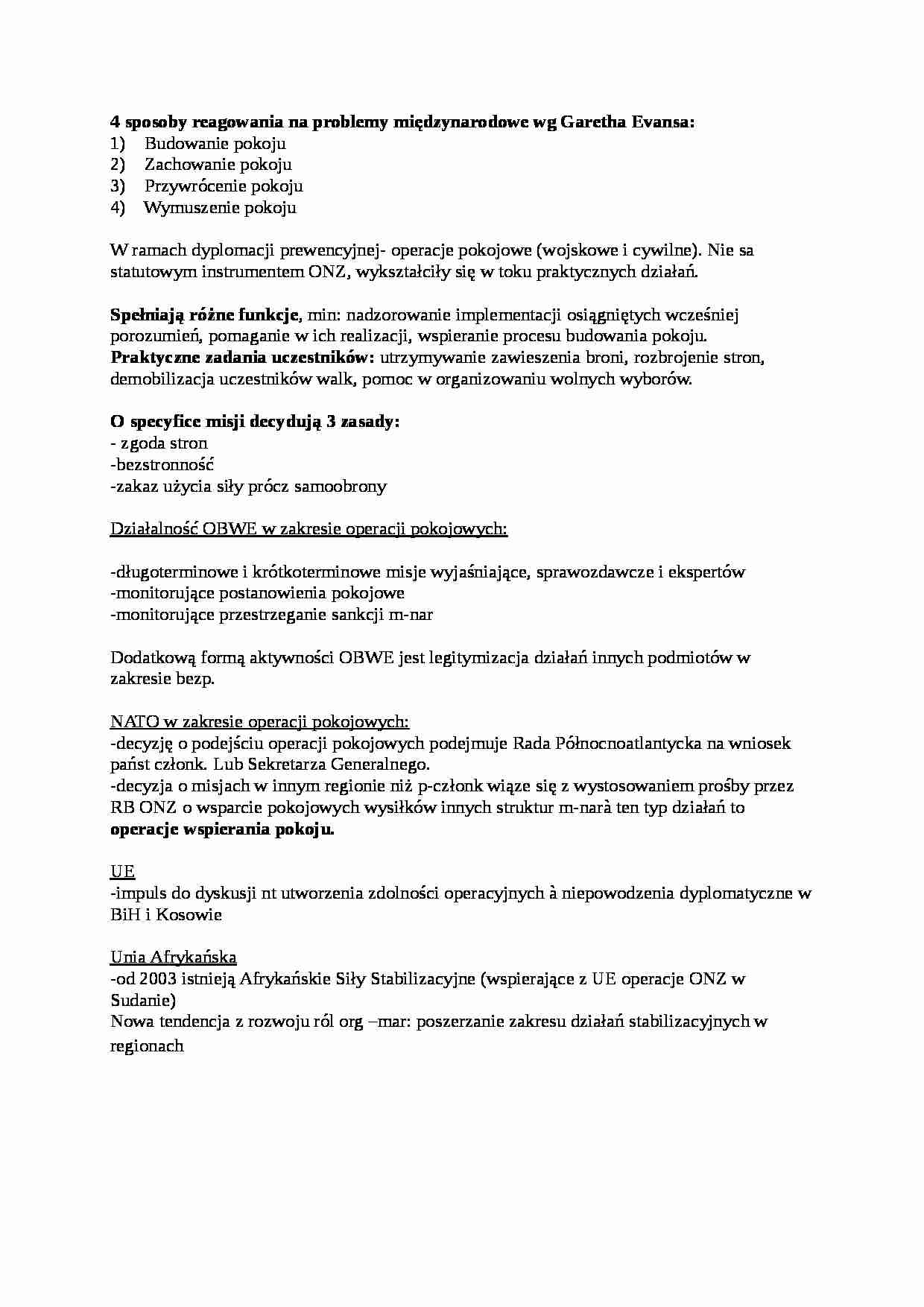 sposoby reagowania na problemy międzynarodowe wg Garetha Evansa - omówienie - strona 1