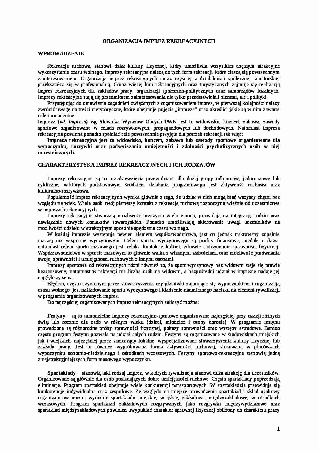organizacja imprez rekreacyjno sporotwych referat - strona 1