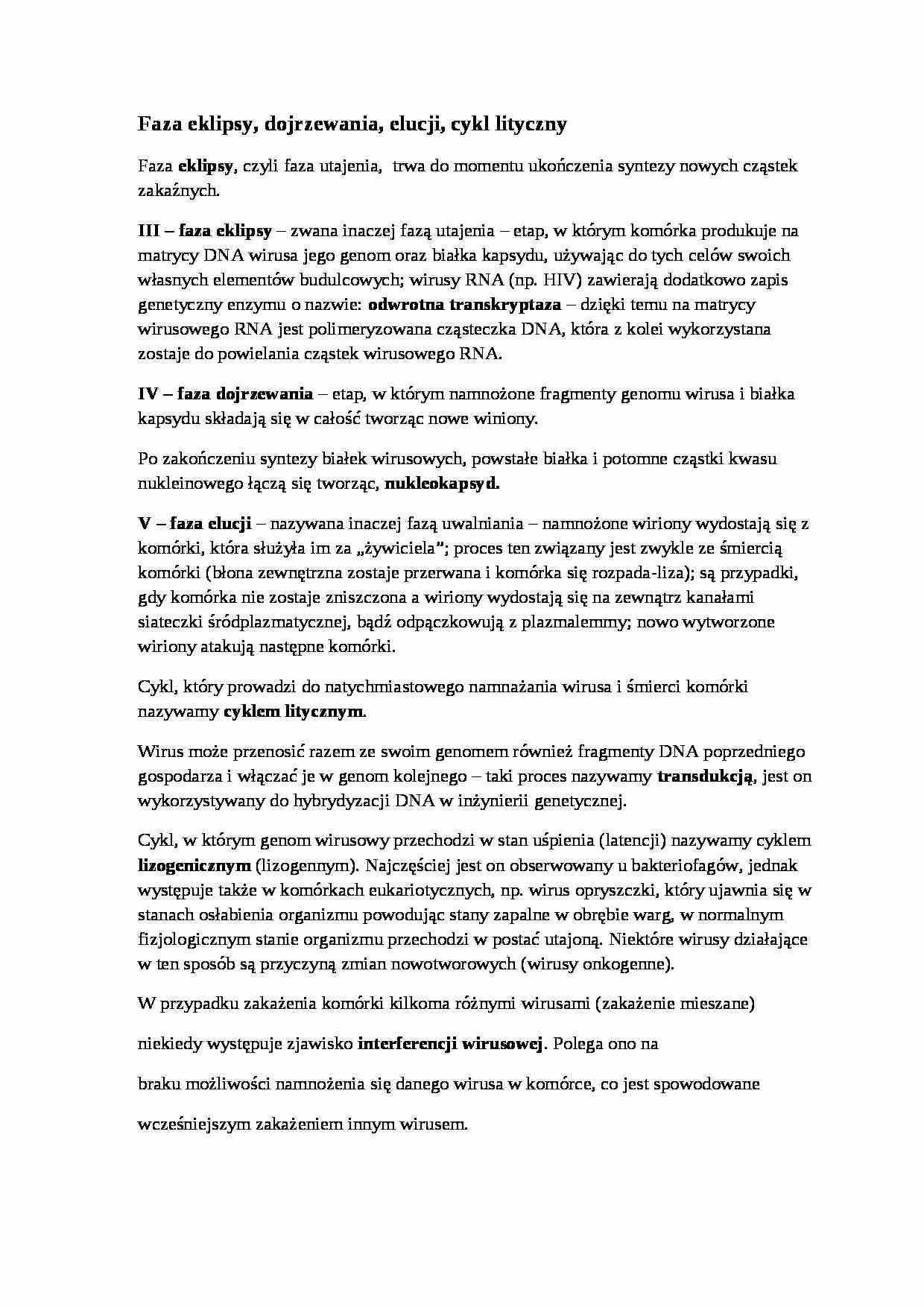 Faza eklipsy, dojrzewania, elucji, cykl lityczny - omówienie - interferencja wirusowa - strona 1