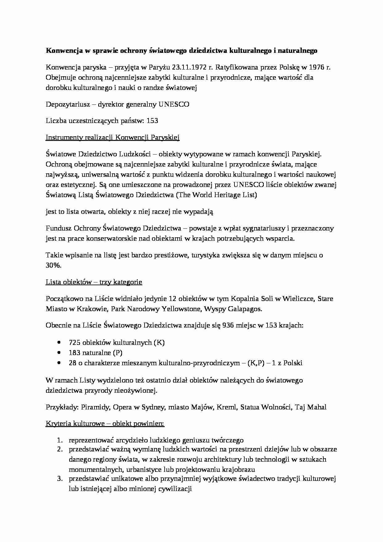 Konwencja w sprawie ochrony światowego dziedzictwa kulturalnego i naturalnego - omówienie - strona 1