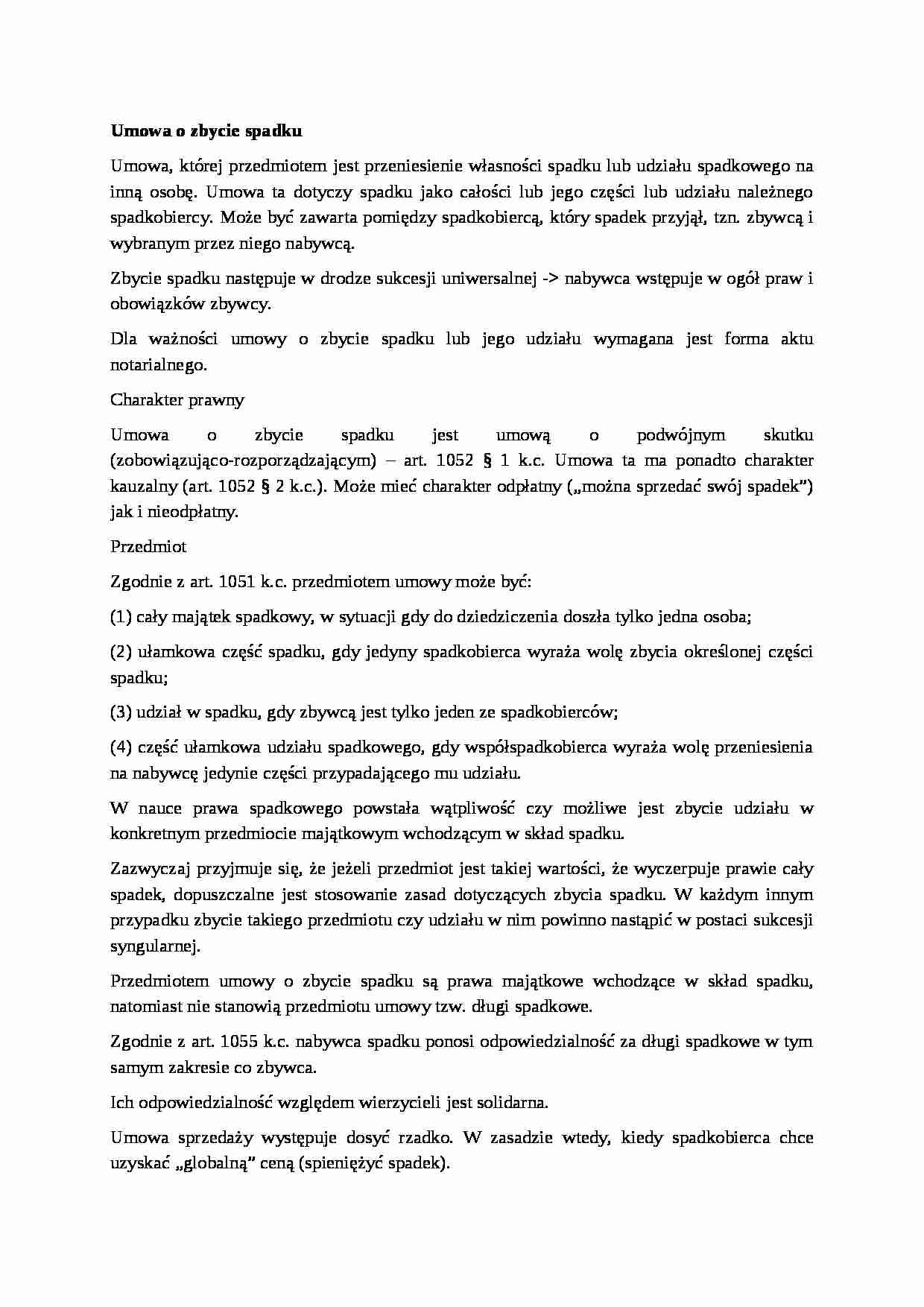 Umowa o zbycie spadku - omówienie - strona 1